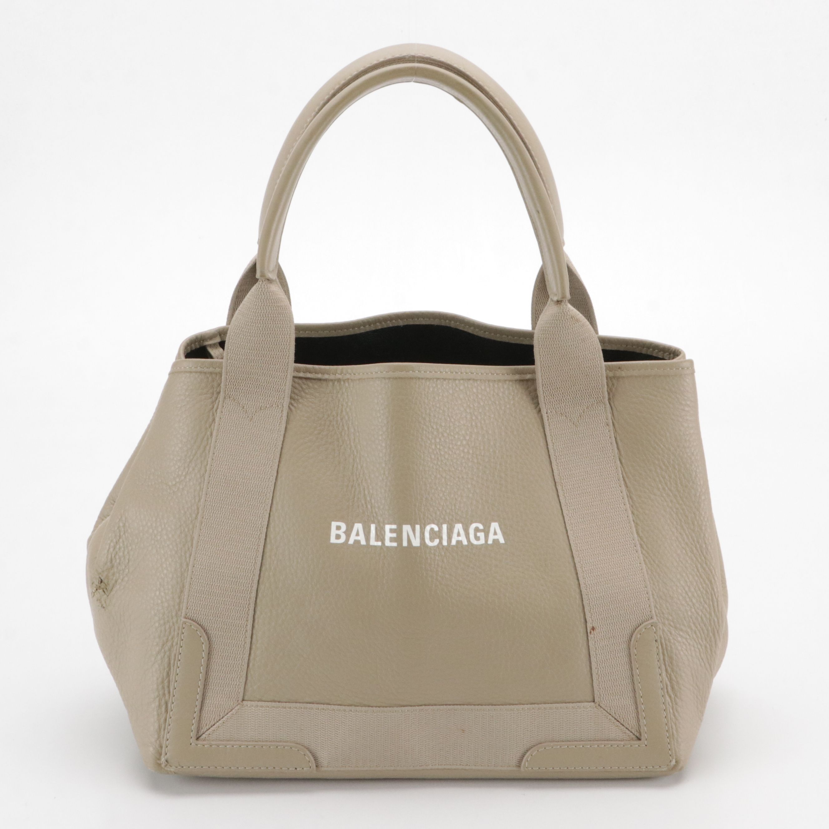 Balenciaga Navy Cabas Tote Bag in Beige Leather and Nylon Canvas Trim