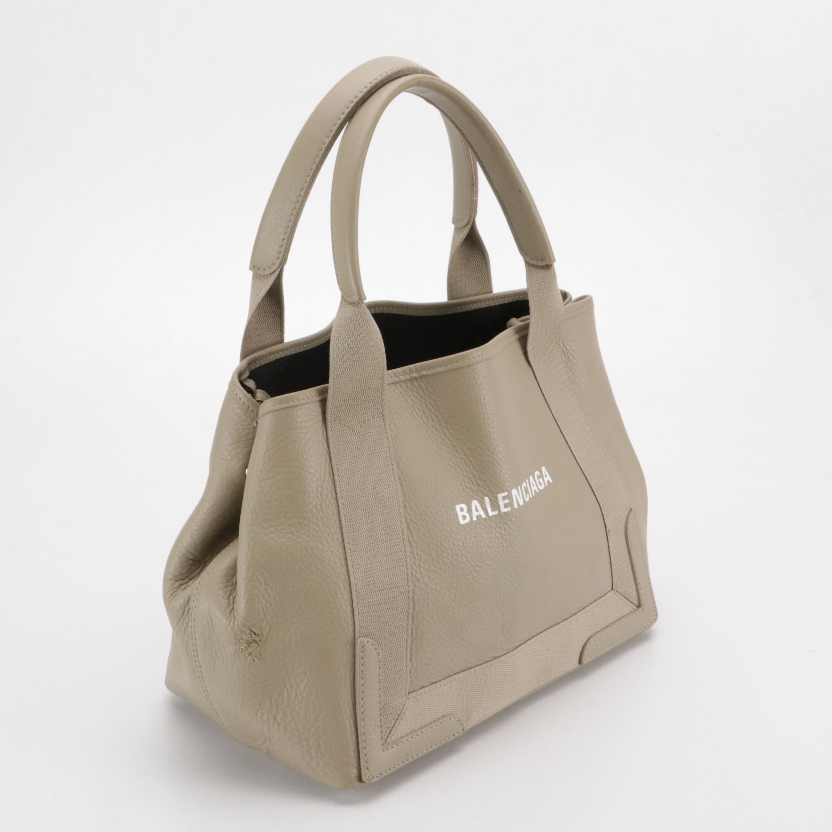 Balenciaga Navy Cabas Tote Bag in Beige Leather and Nylon Canvas Trim