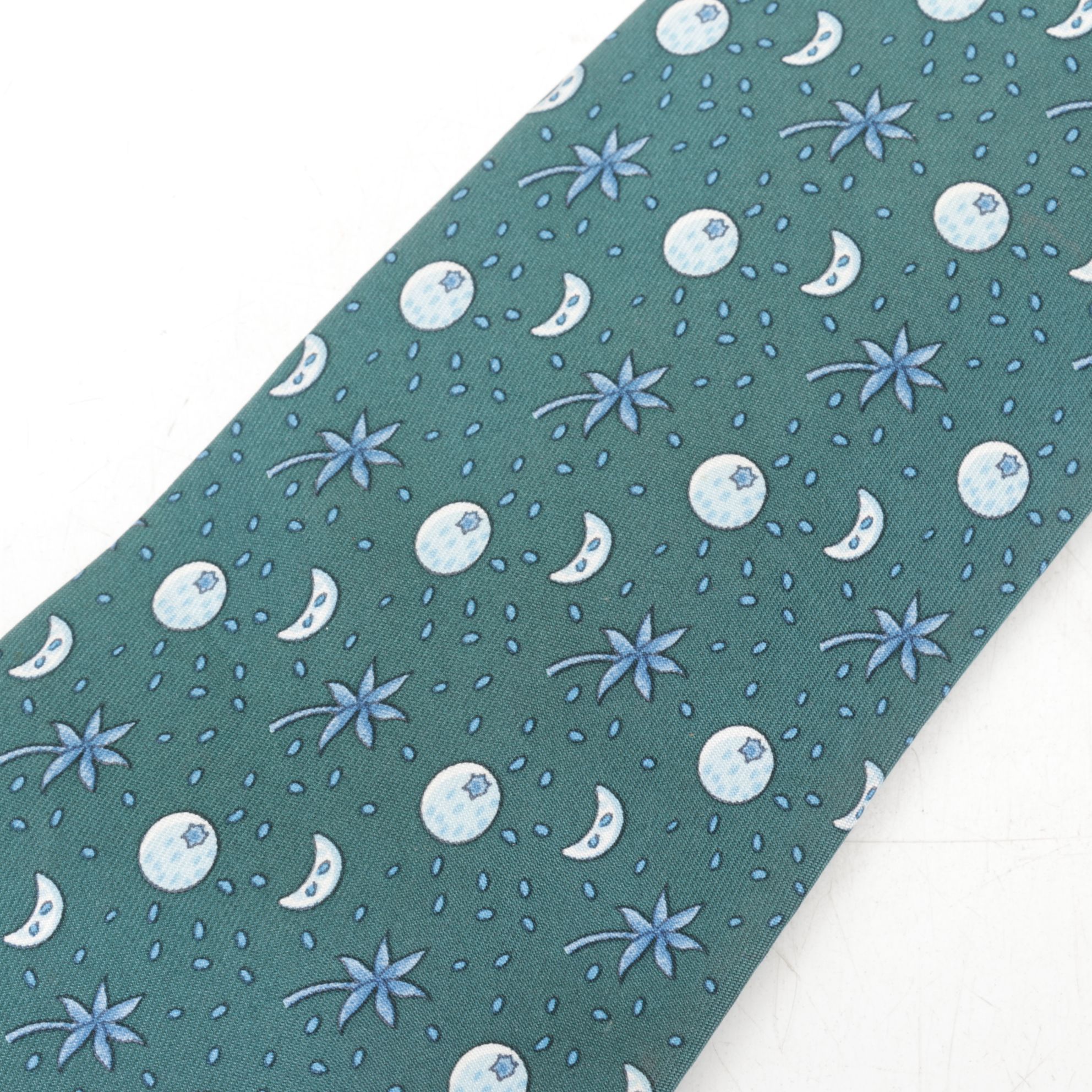 Hermès Silk Necktie in Forest Green with Palm Leaf and Fruit Pattern