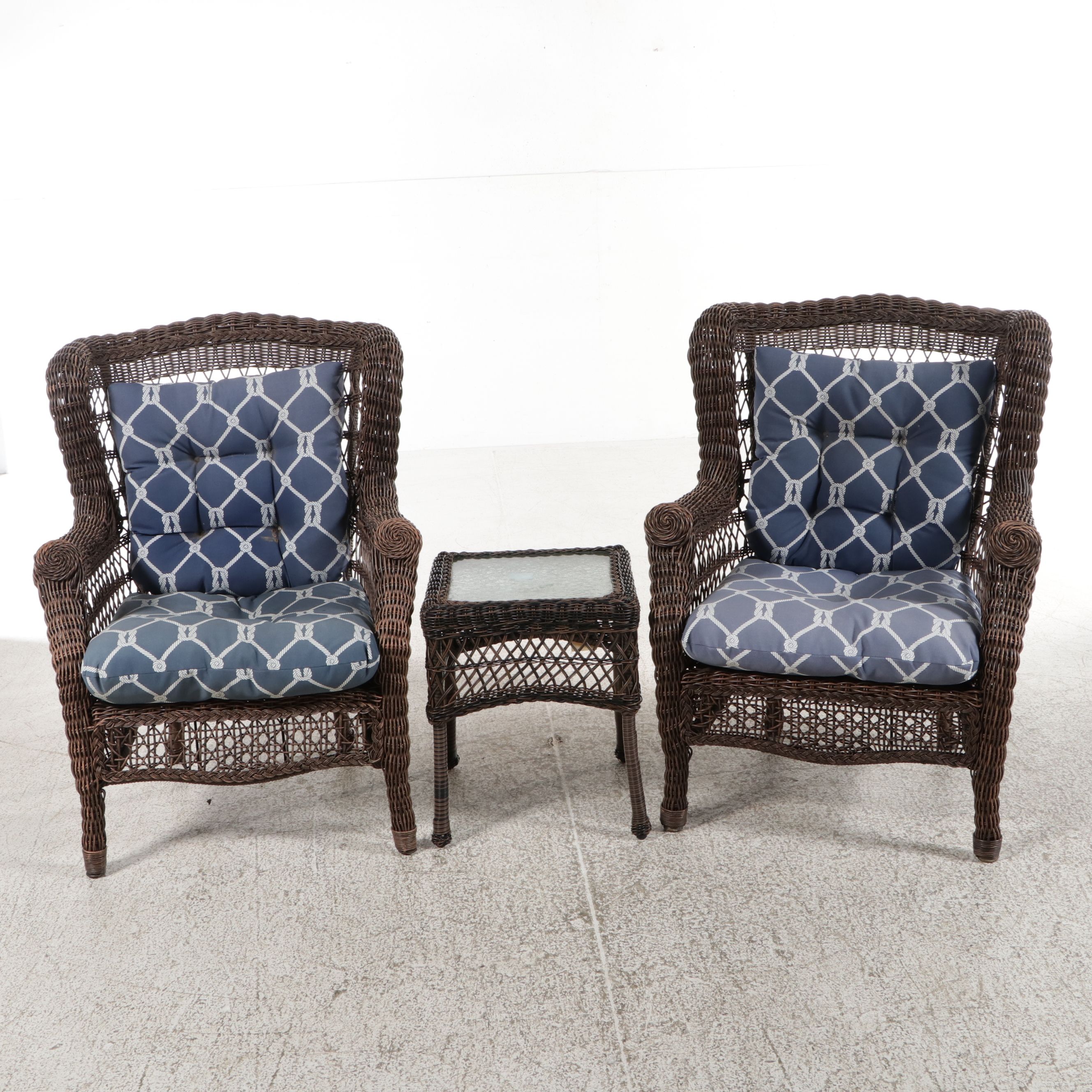Pair of Rattan Wicker Armchairs with Side Table