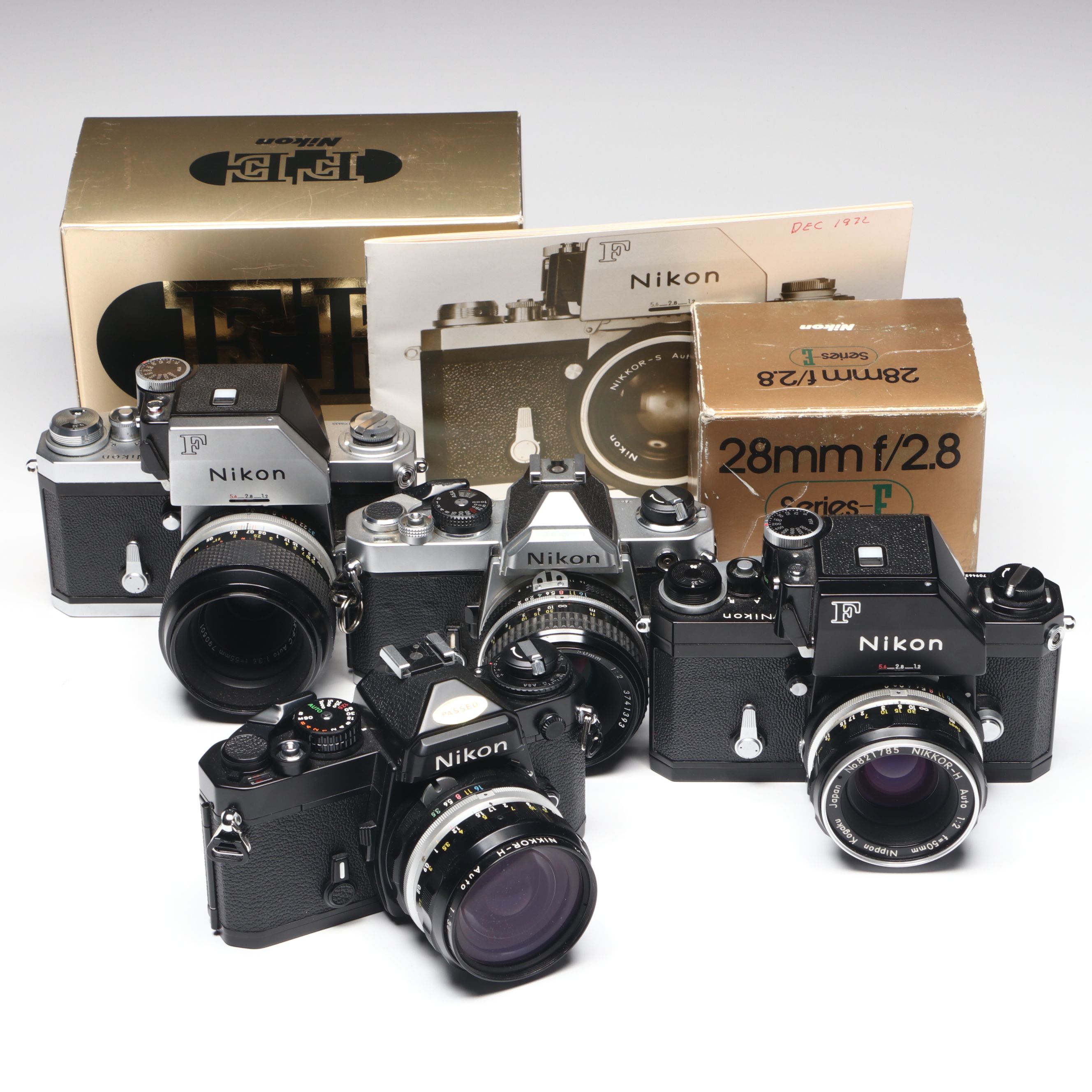 Nikon F, Nikon FE, Nikon FM Camera Bodies with Various Lenses
