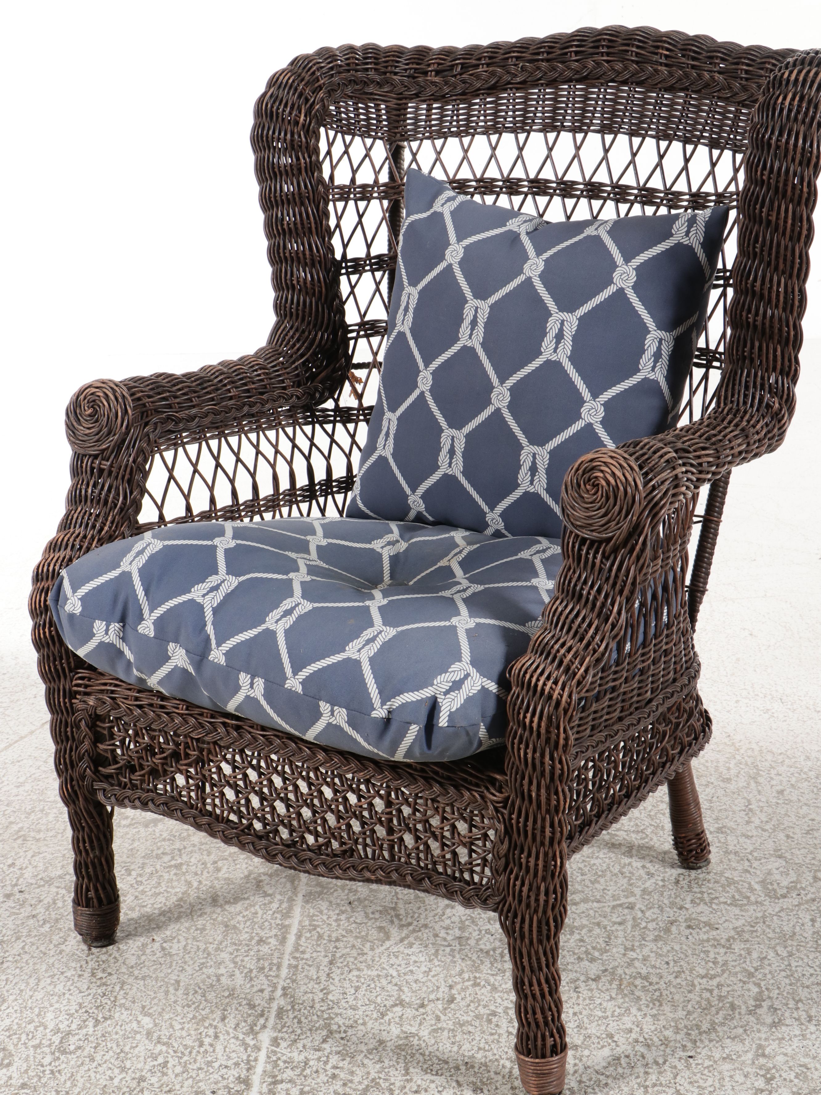 Pair of Resin Wicker Armchairs and Ottoman