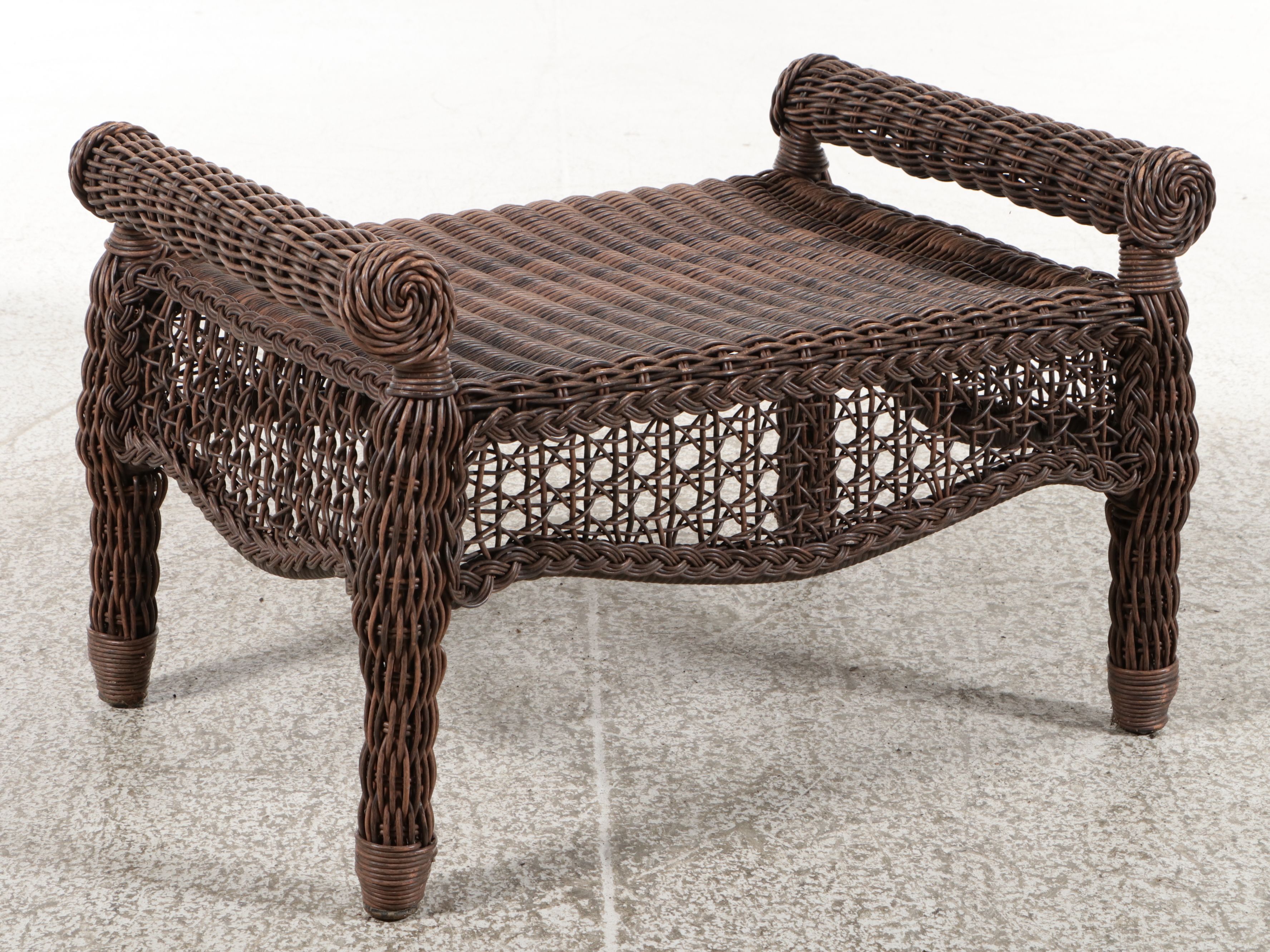 Pair of Resin Wicker Armchairs and Ottoman