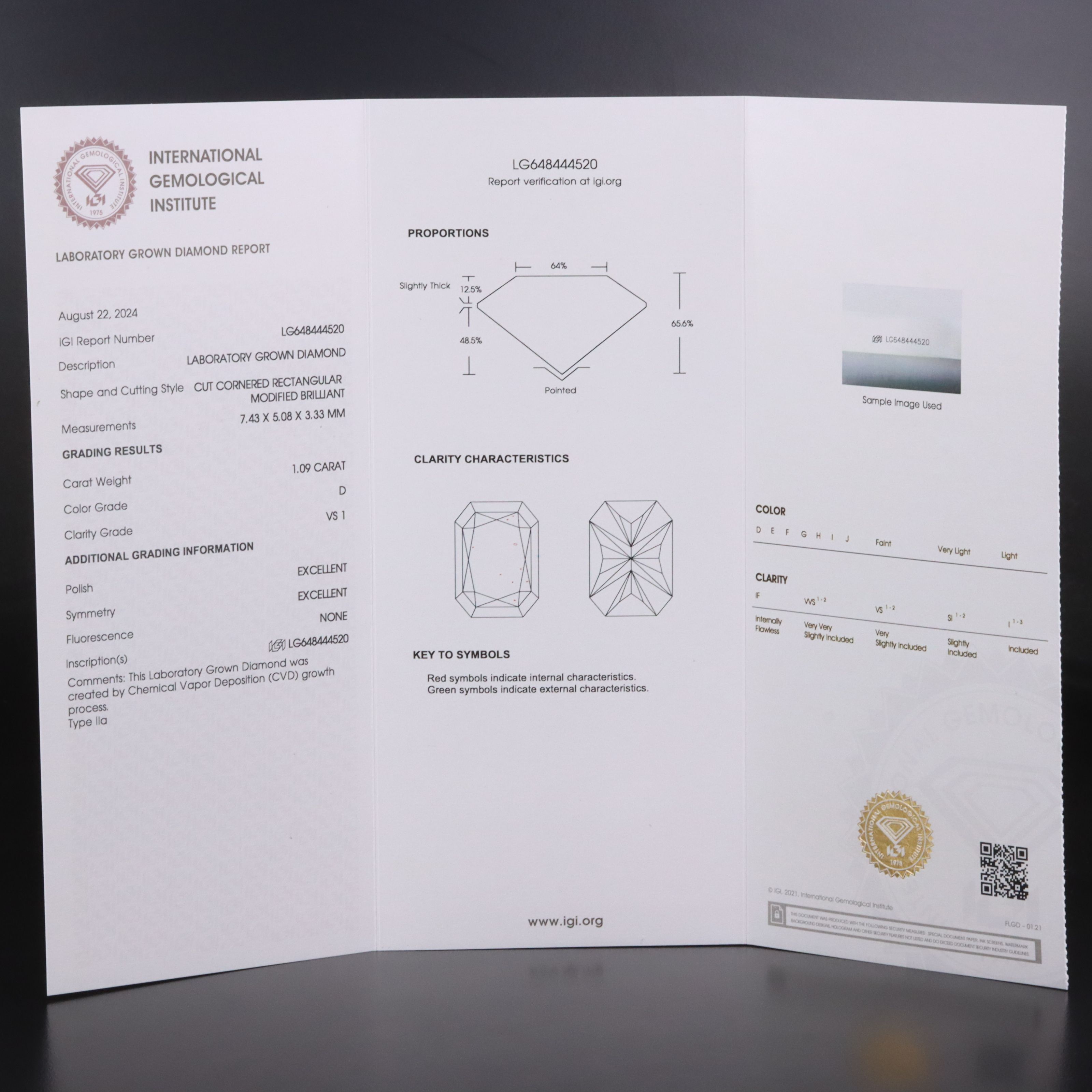 Loose 1.09 CT Lab Grown Diamond with IGI Report