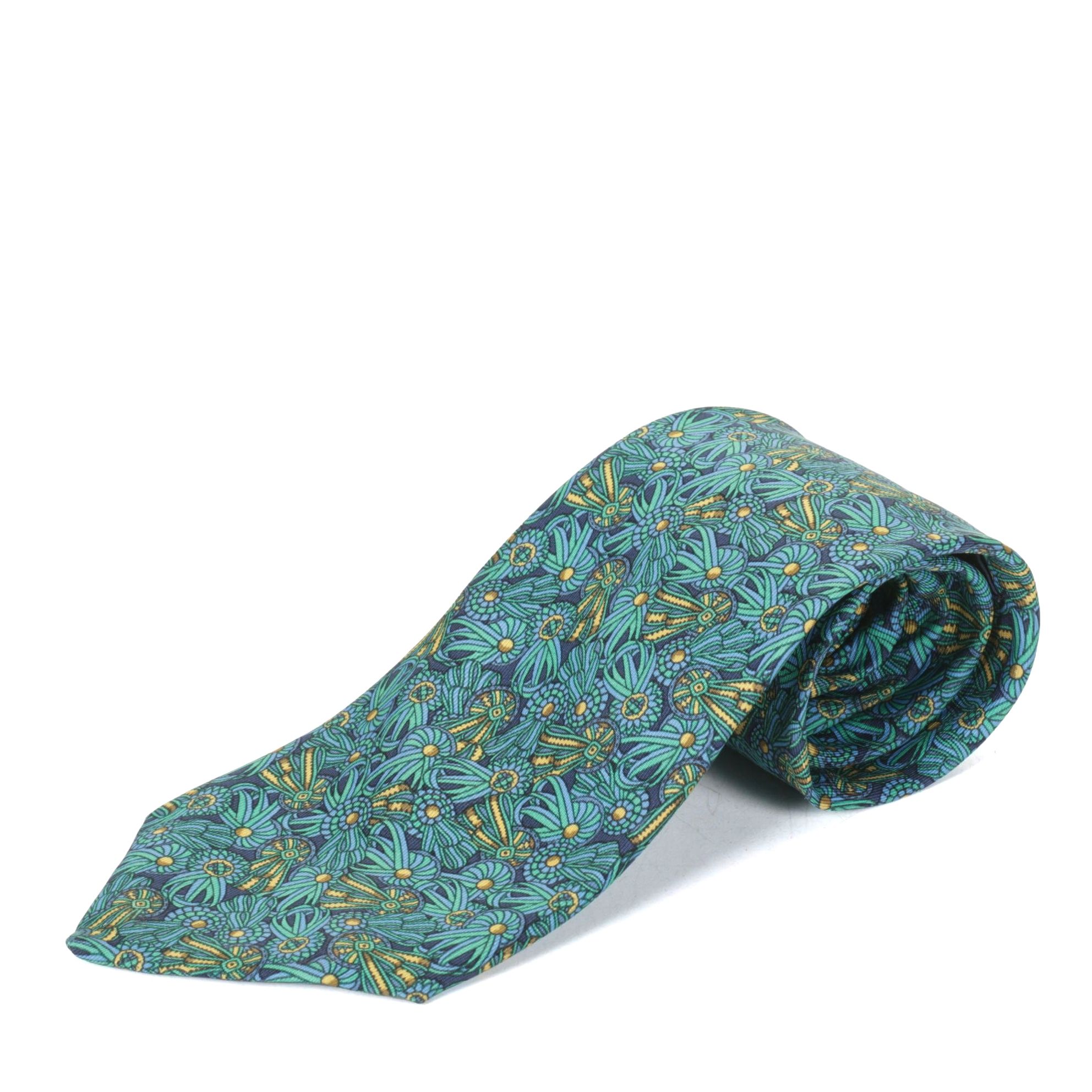 Hermès Silk Necktie in Teal and Gold Ribbon Pattern