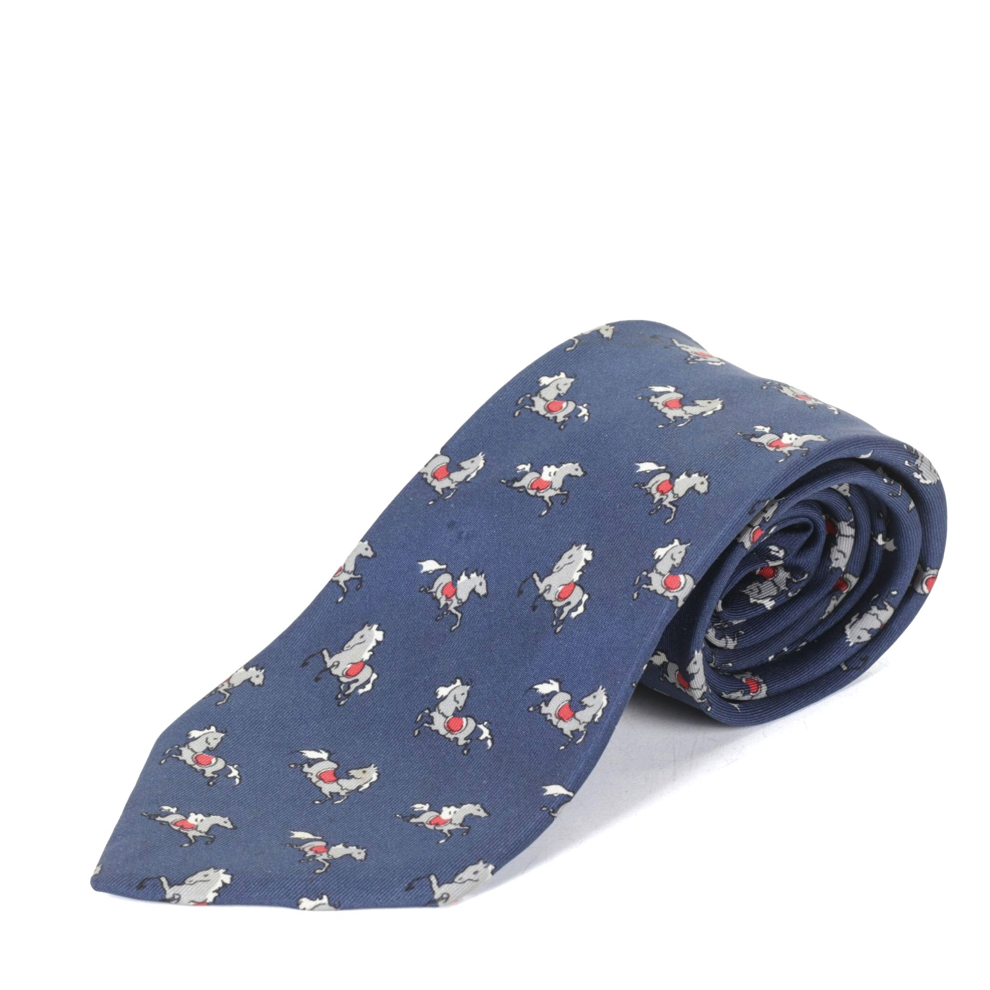 Hermès Blue Silk Horse Patterned Necktie