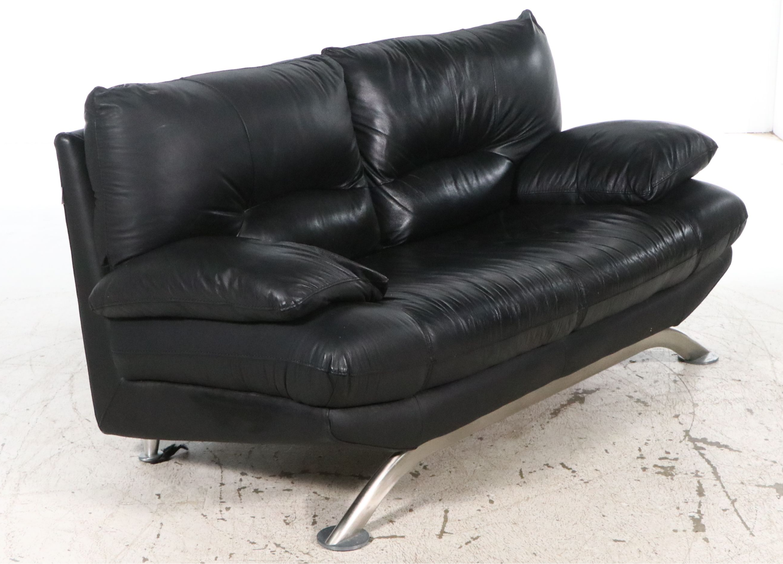 Nicoletti Italian Modern Black Leather Loveseat on Sculptural Metal Base