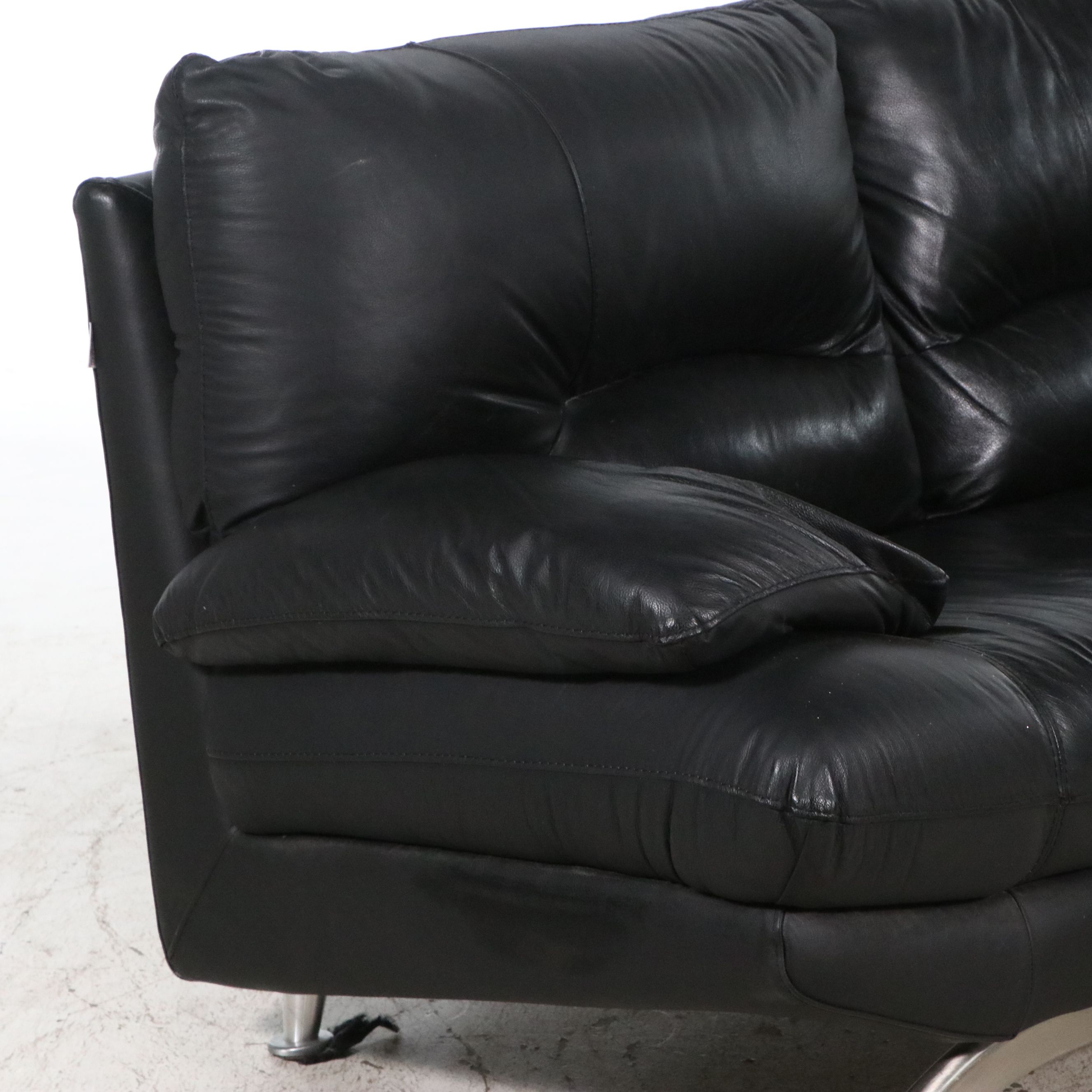 Nicoletti Italian Modern Black Leather Loveseat on Sculptural Metal Base