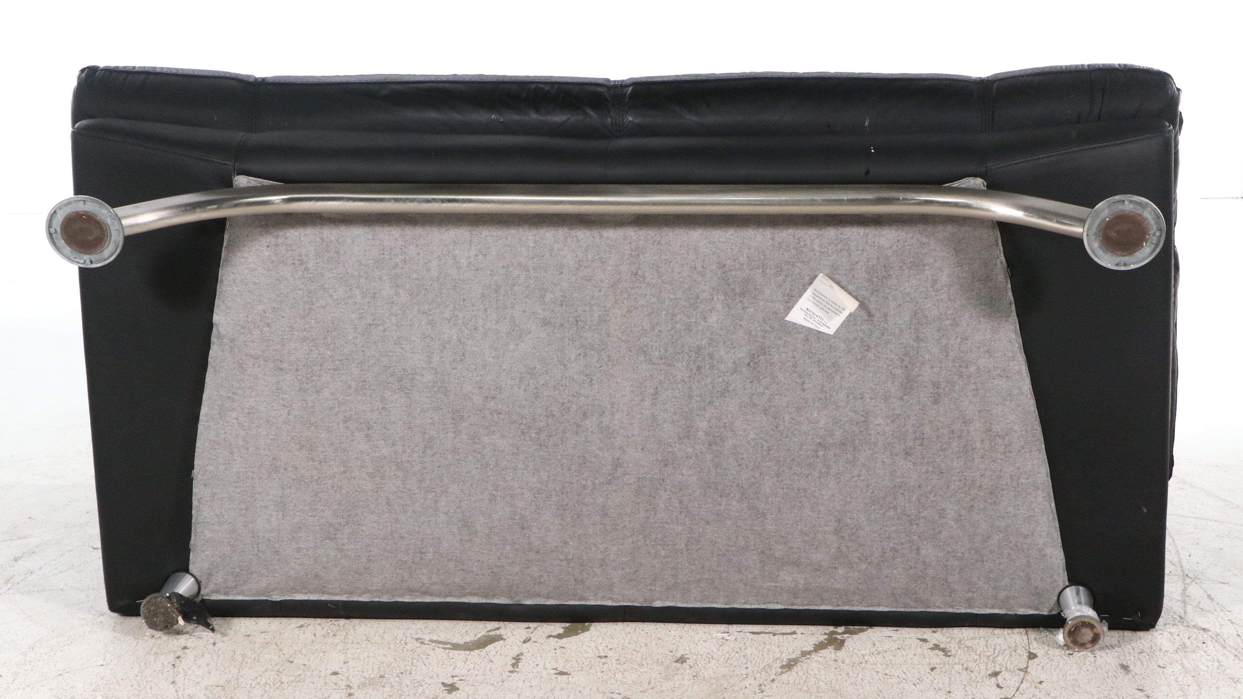 Nicoletti Italian Modern Black Leather Loveseat on Sculptural Metal Base