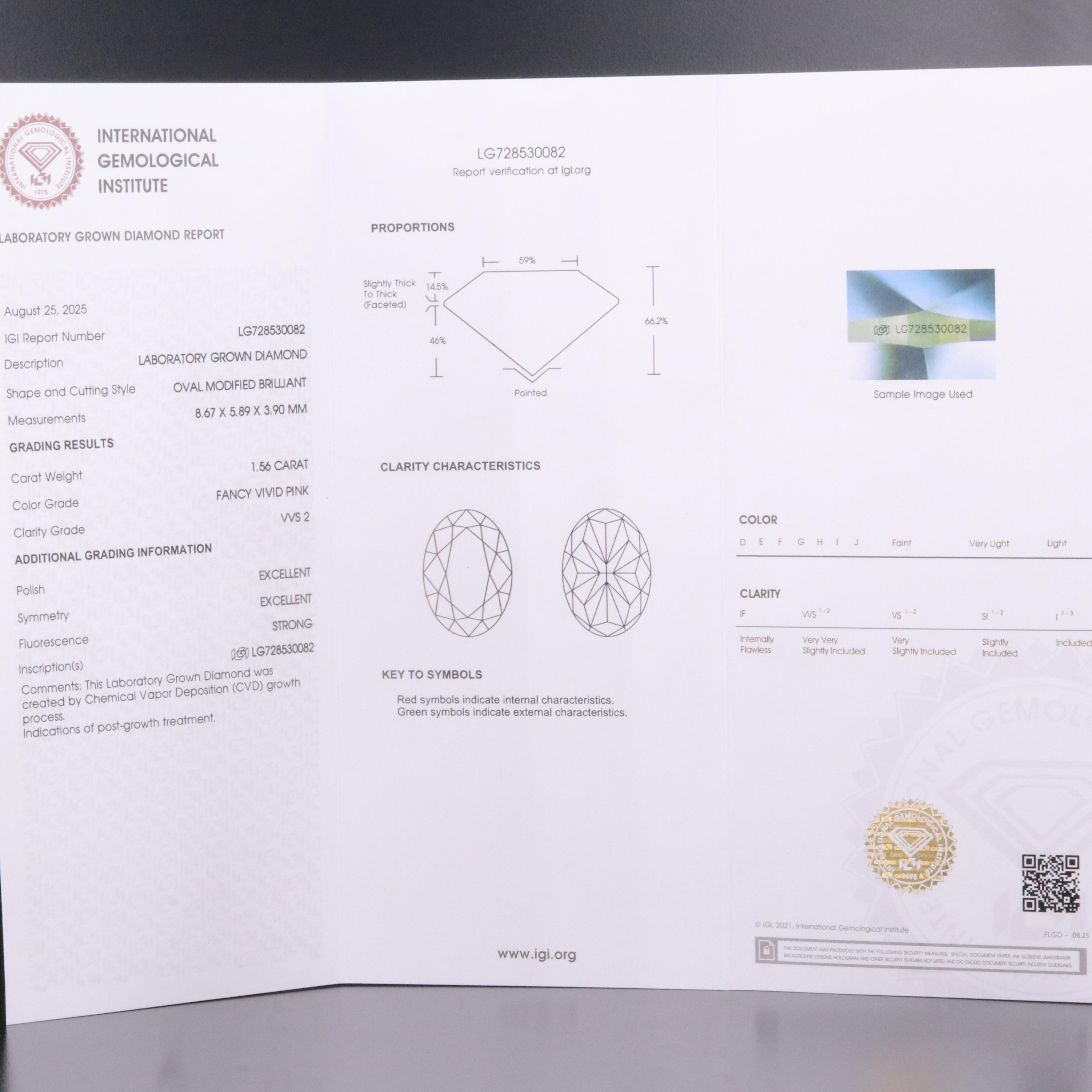 Loose 1.56 CT Lab Grown Fancy Vivid Pink Diamond with IGI Report