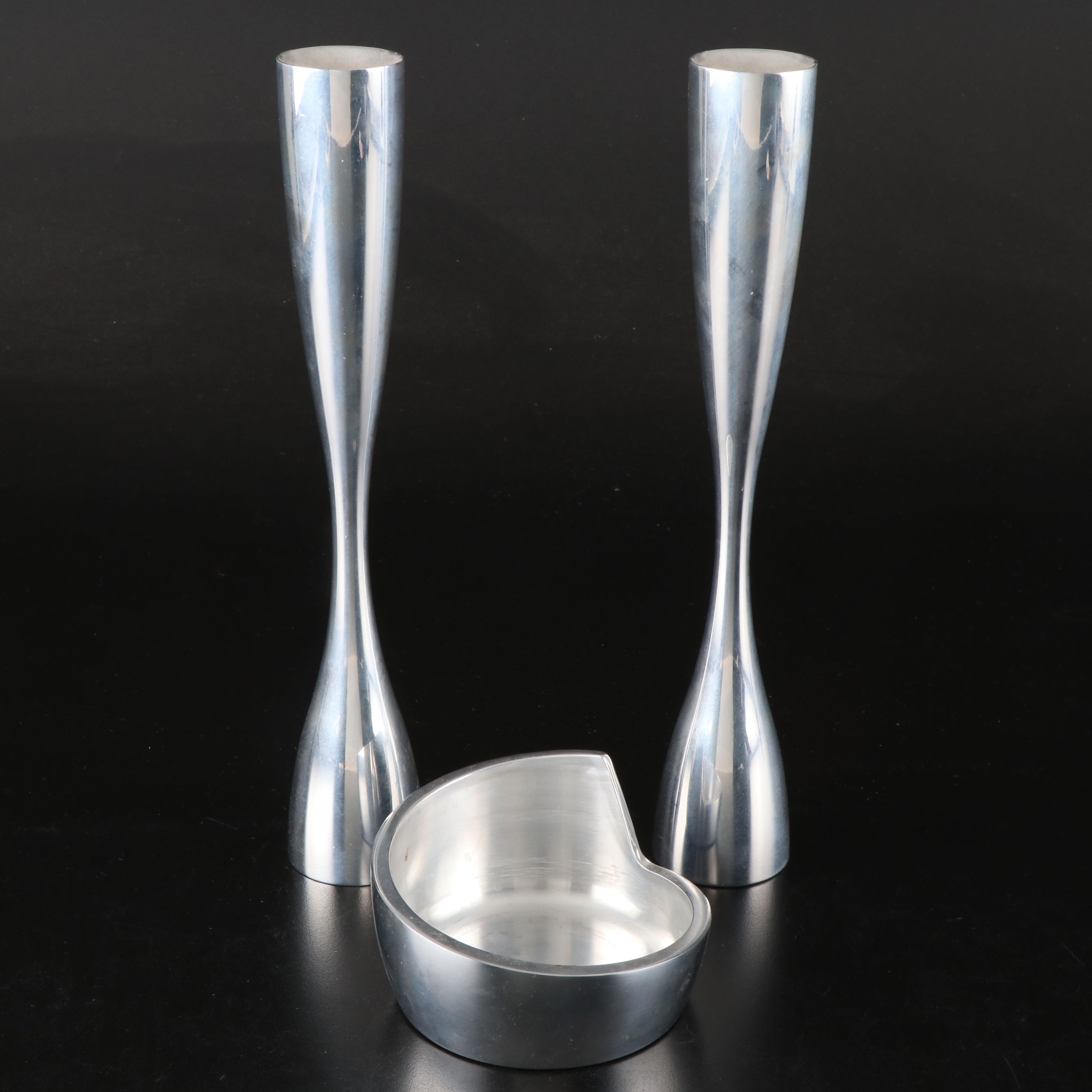 Nambé "Flare" Candlesticks and "Spiral" Wine Coaster, 1990s