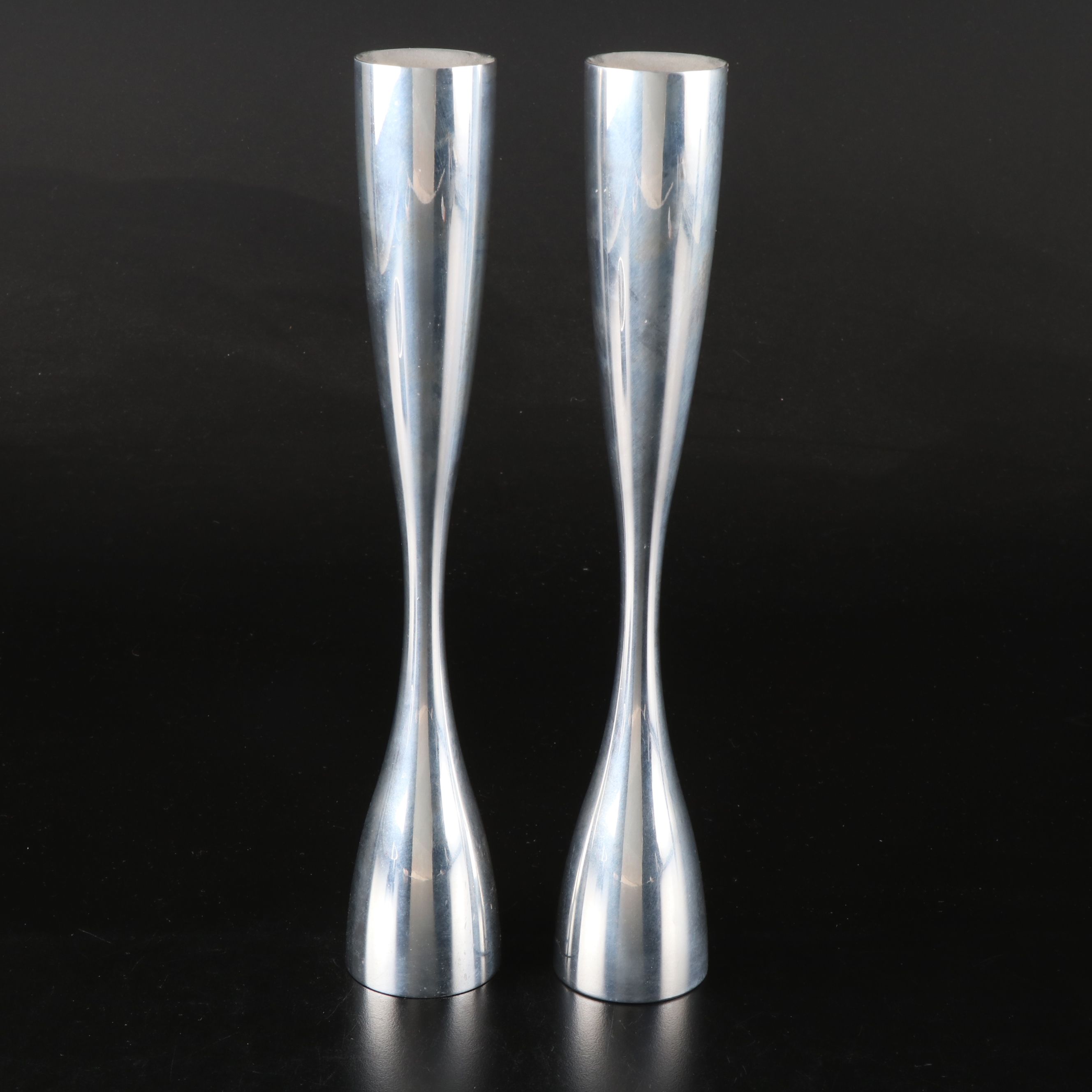 Nambé "Flare" Candlesticks and "Spiral" Wine Coaster, 1990s