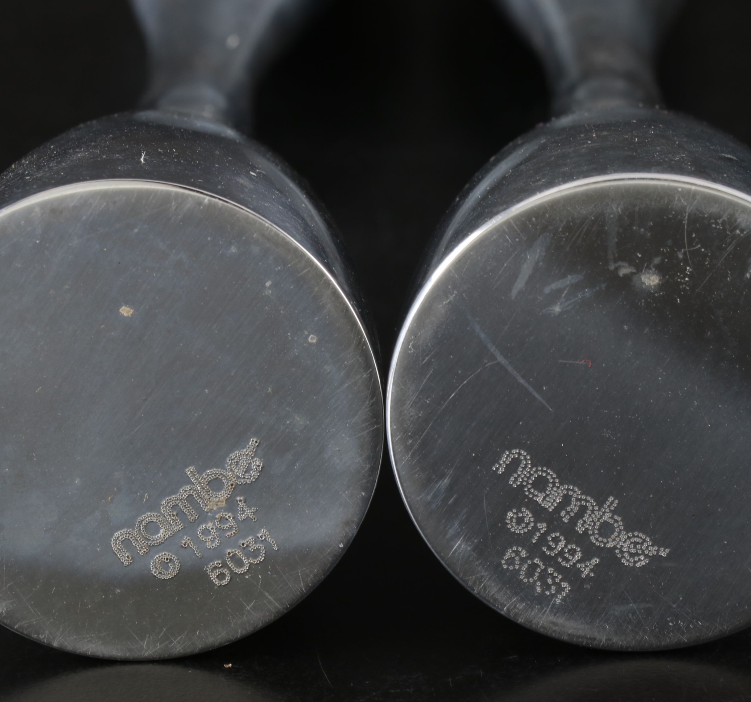 Nambé "Flare" Candlesticks and "Spiral" Wine Coaster, 1990s