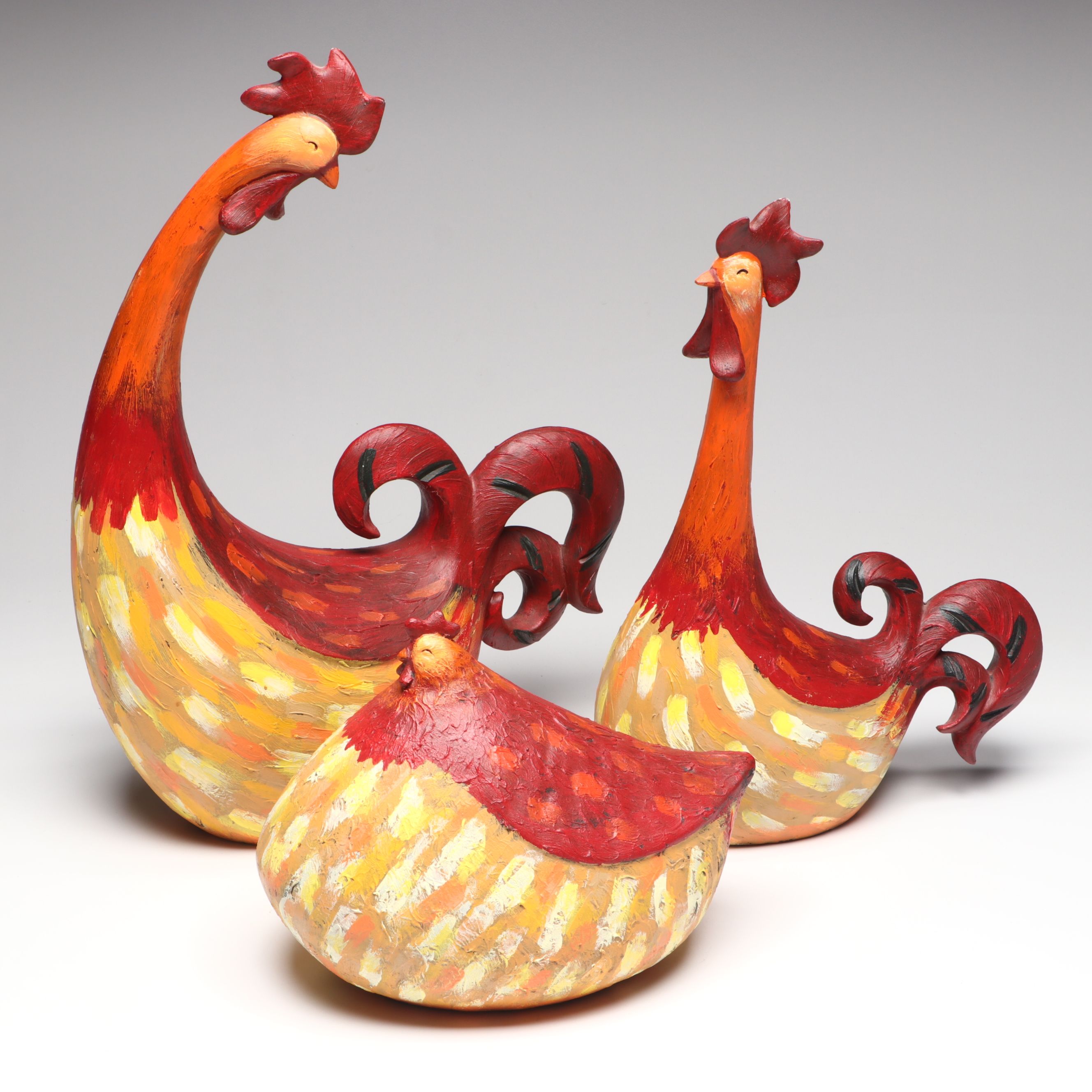 Whimsical Textured Resin Roosters with Hen