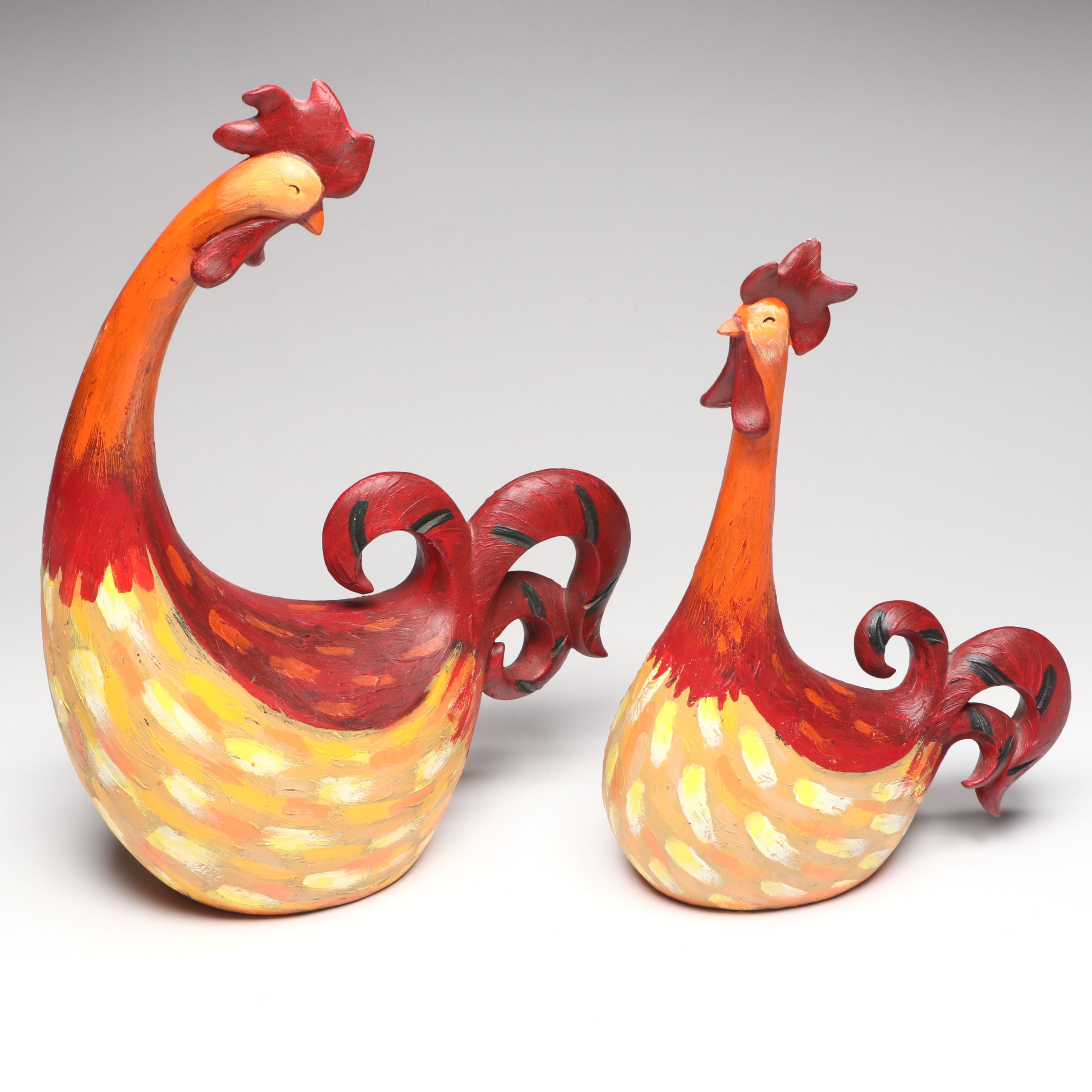 Whimsical Textured Resin Roosters with Hen