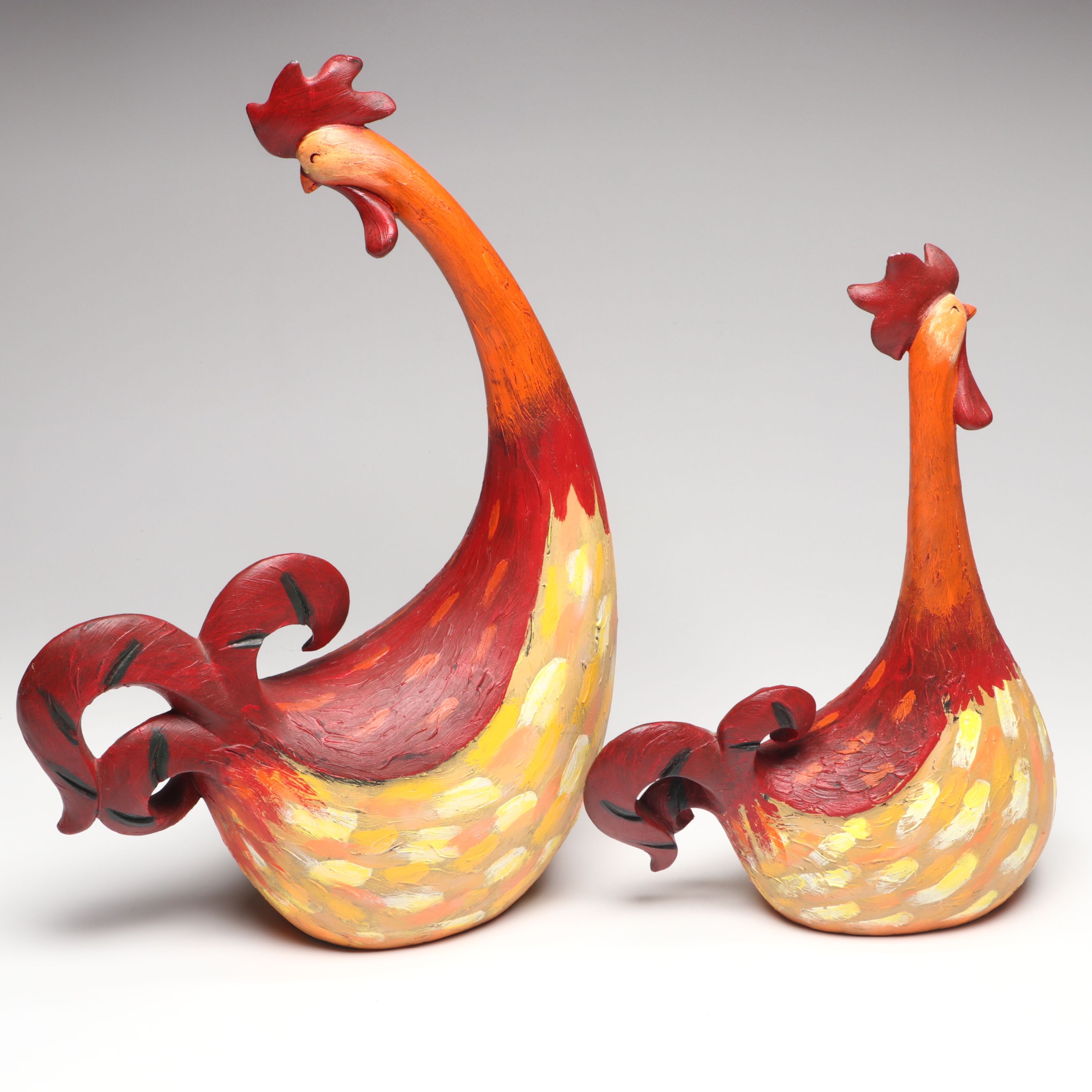 Whimsical Textured Resin Roosters with Hen