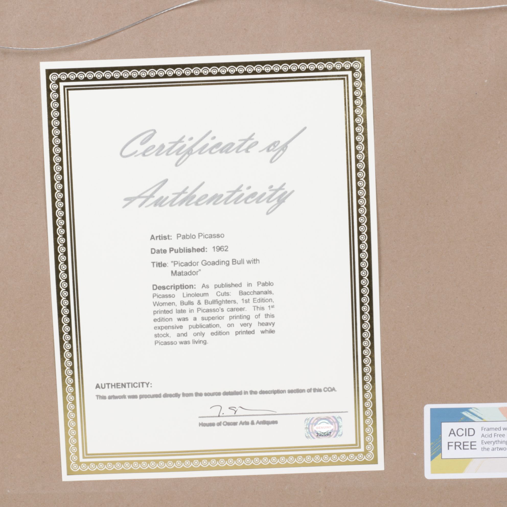 Pablo Picasso Linocut "Picador Goading Bull With Matador," 1962, First Edition