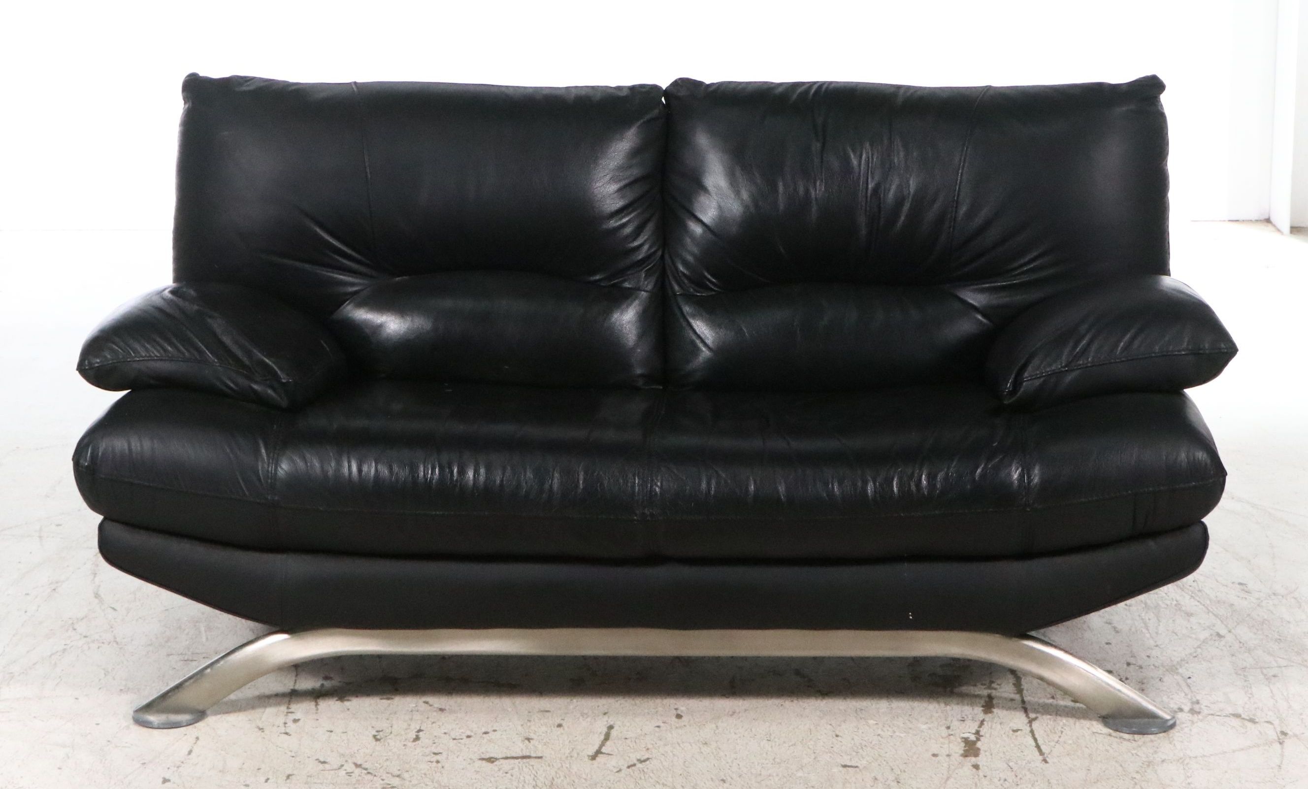 Nicoletti Italian Modern Black Leather Loveseat on Sculptural Metal Base