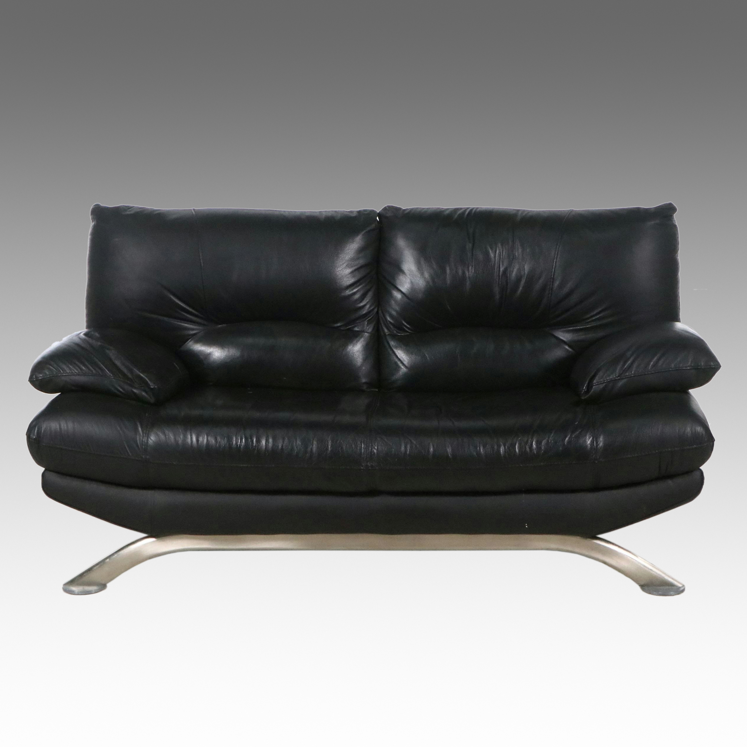 Nicoletti Italian Modern Black Leather Loveseat on Sculptural Metal Base