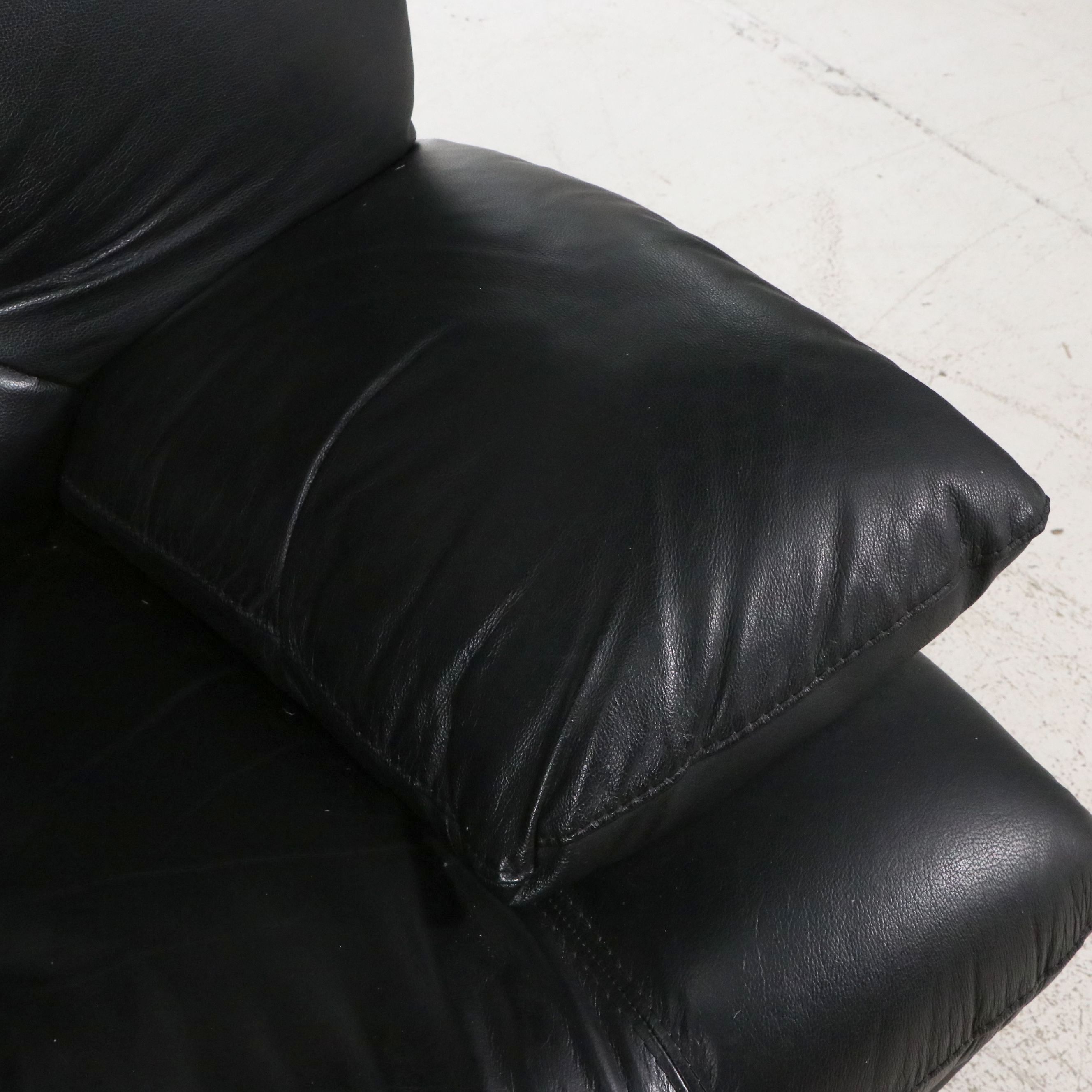 Nicoletti Italian Modern Black Leather Loveseat on Sculptural Metal Base