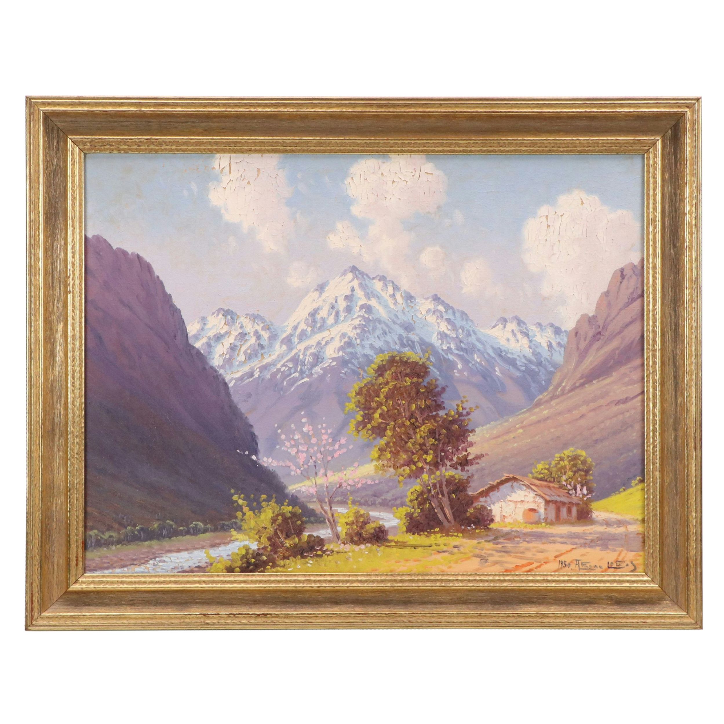 Alfaro Lobos Spring Mountain Landscape Oil Painting, 1950