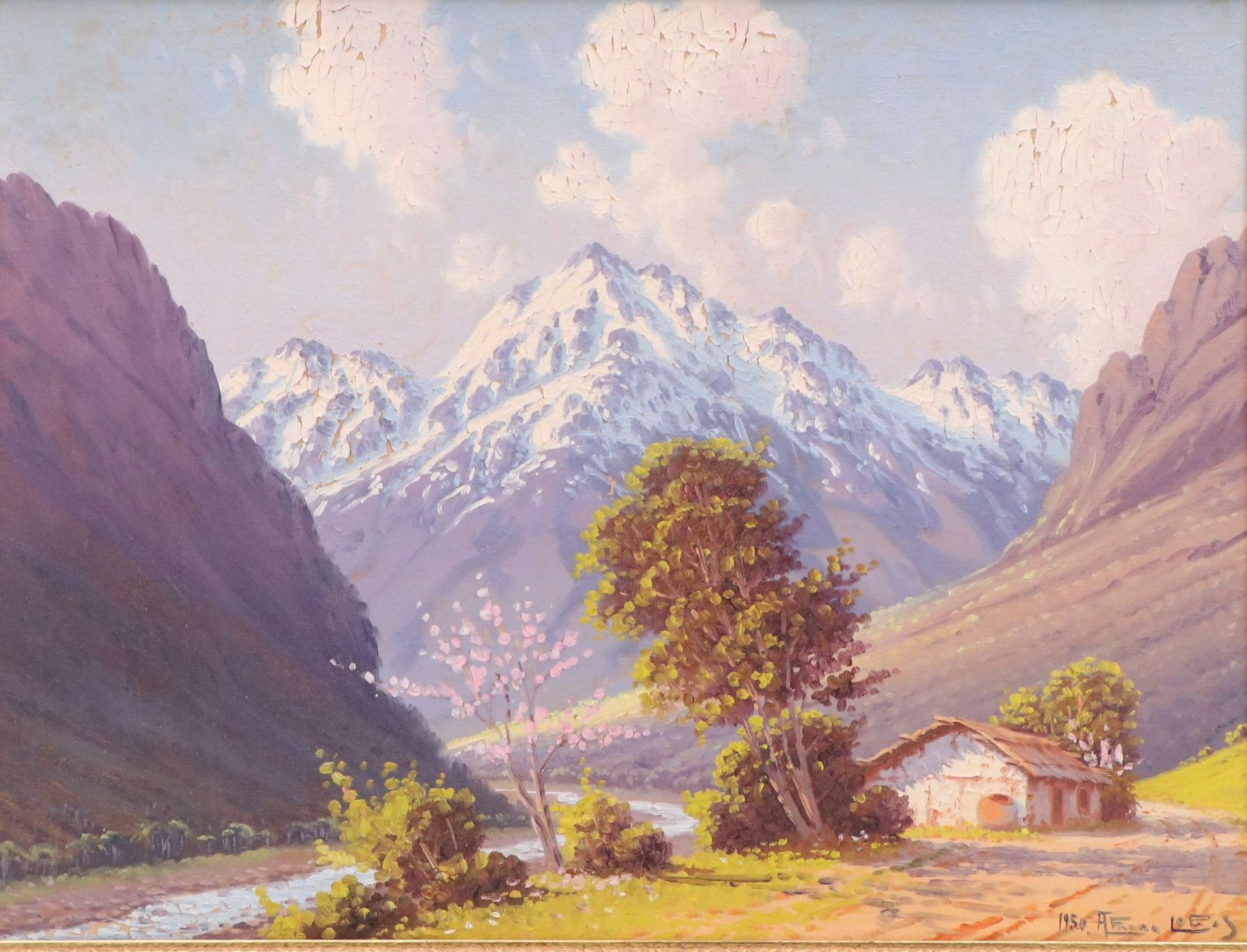 Alfaro Lobos Spring Mountain Landscape Oil Painting, 1950