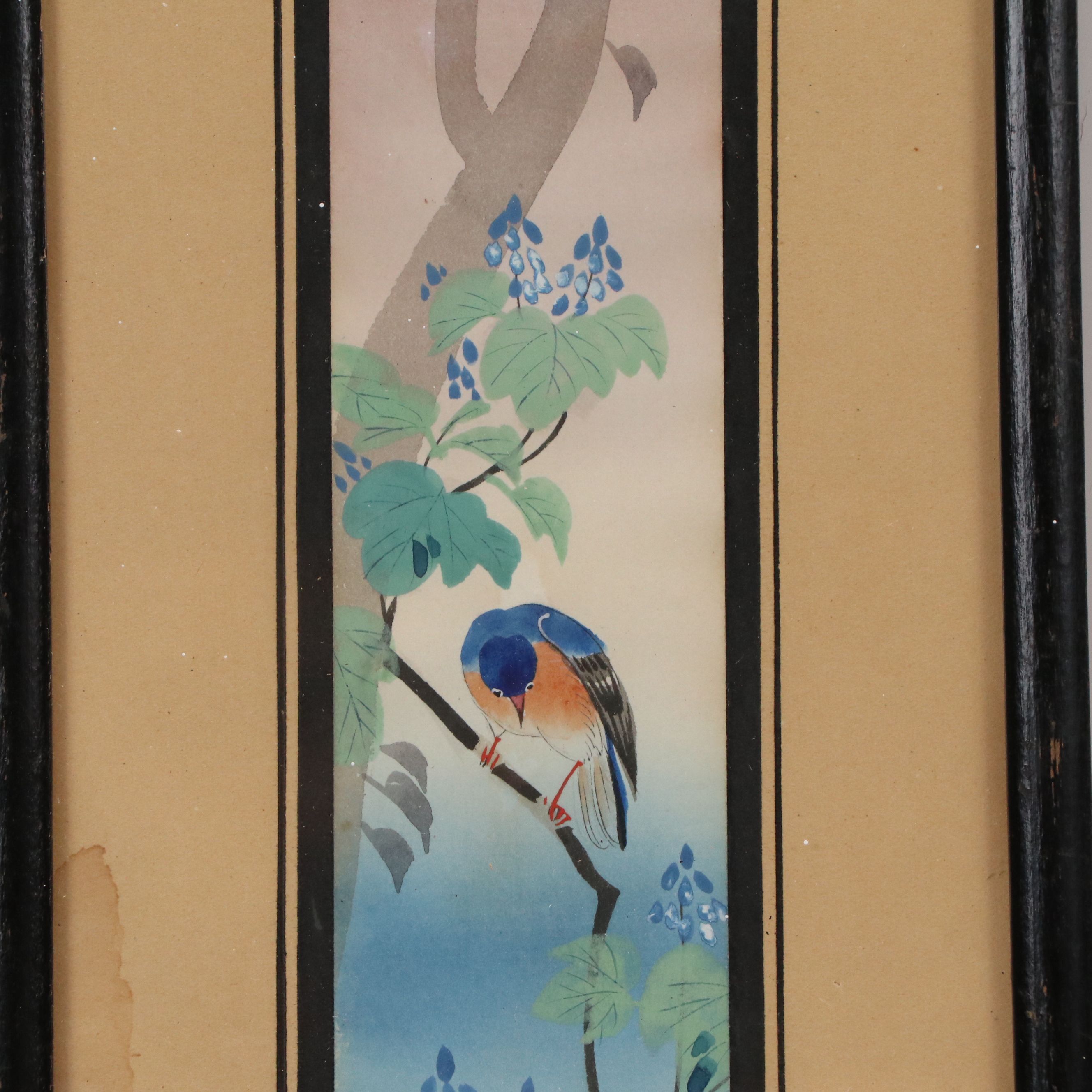 Japanese School Gouache Painting of Bird and Other Woodblocks, 20th Century