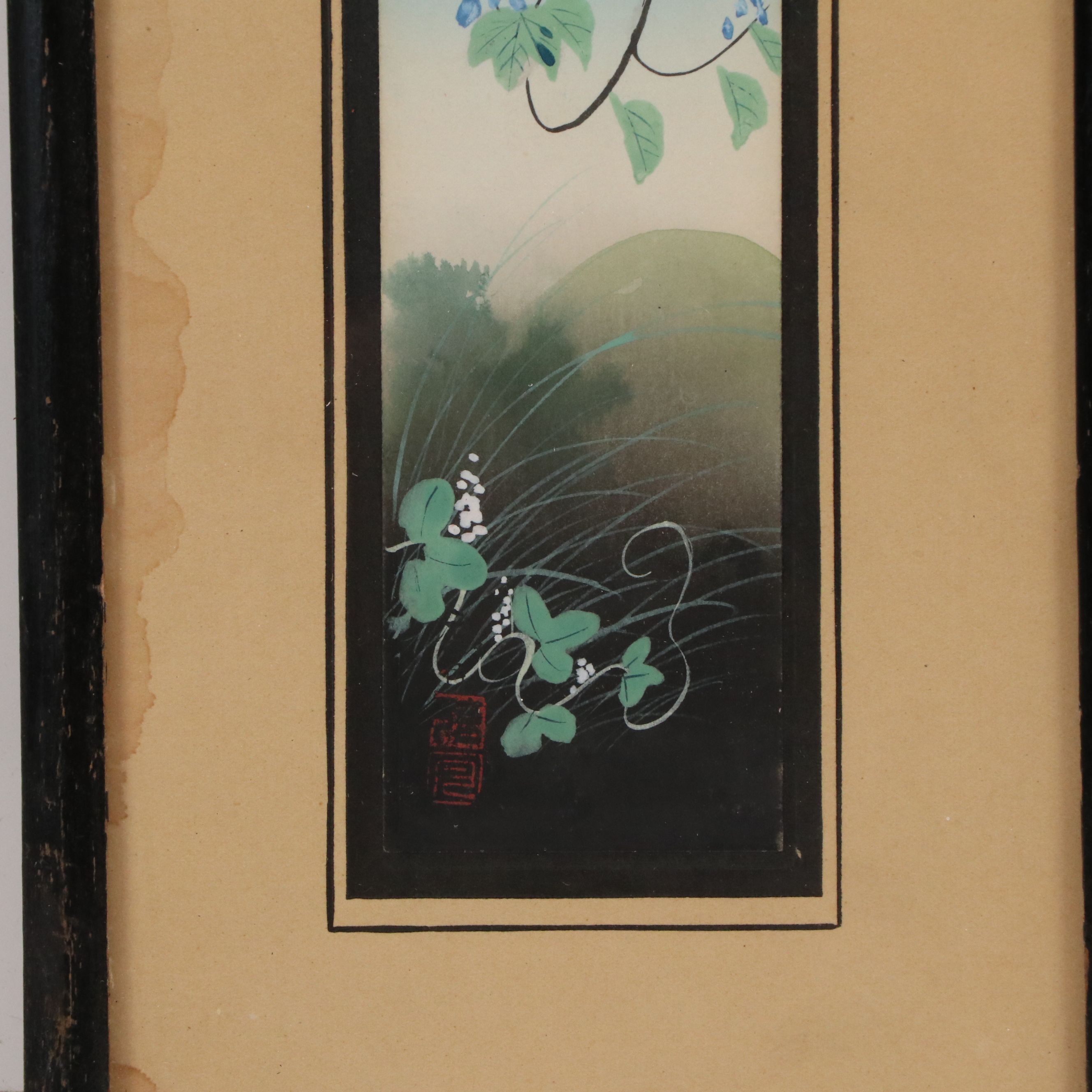 Japanese School Gouache Painting of Bird and Other Woodblocks, 20th Century