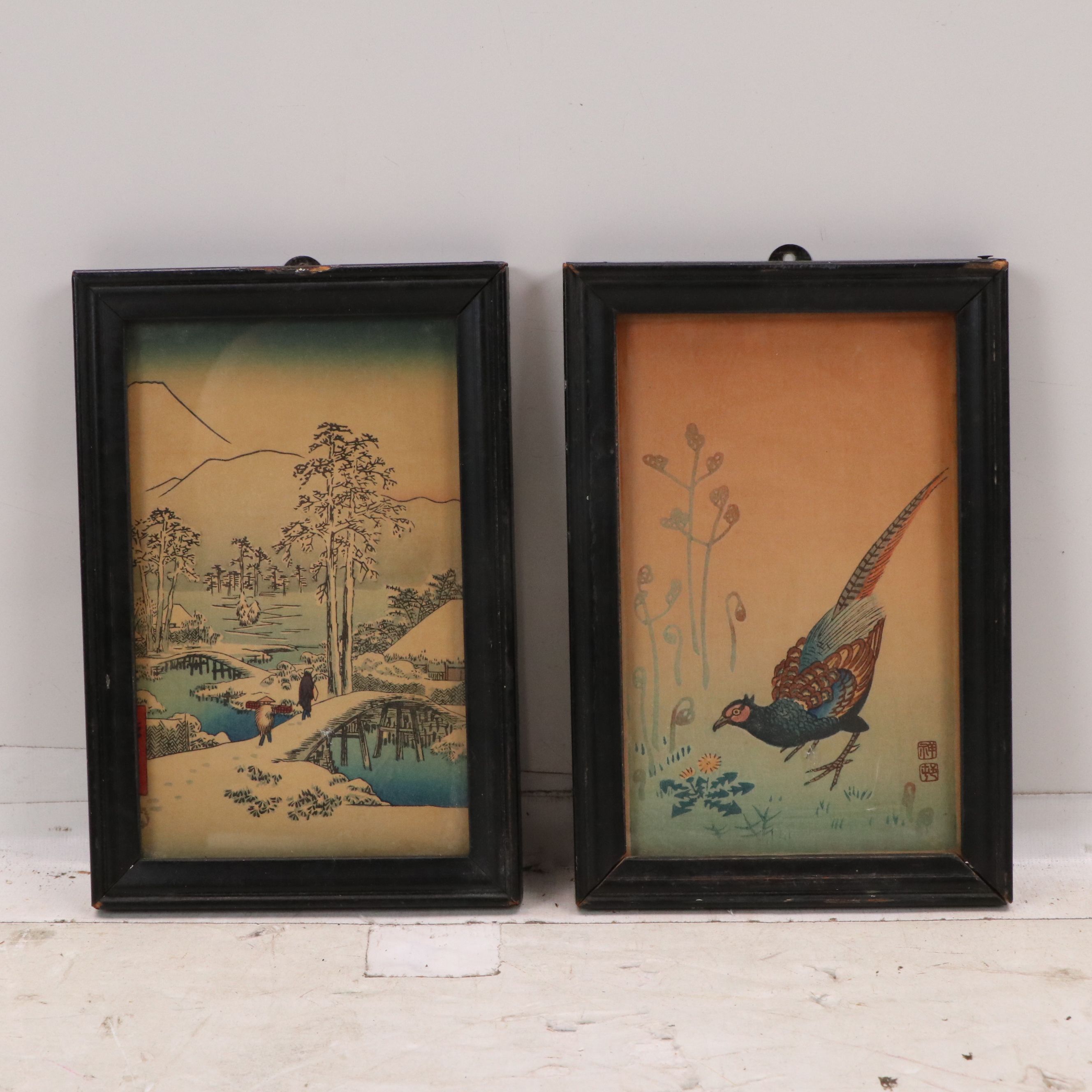 Japanese School Gouache Painting of Bird and Other Woodblocks, 20th Century