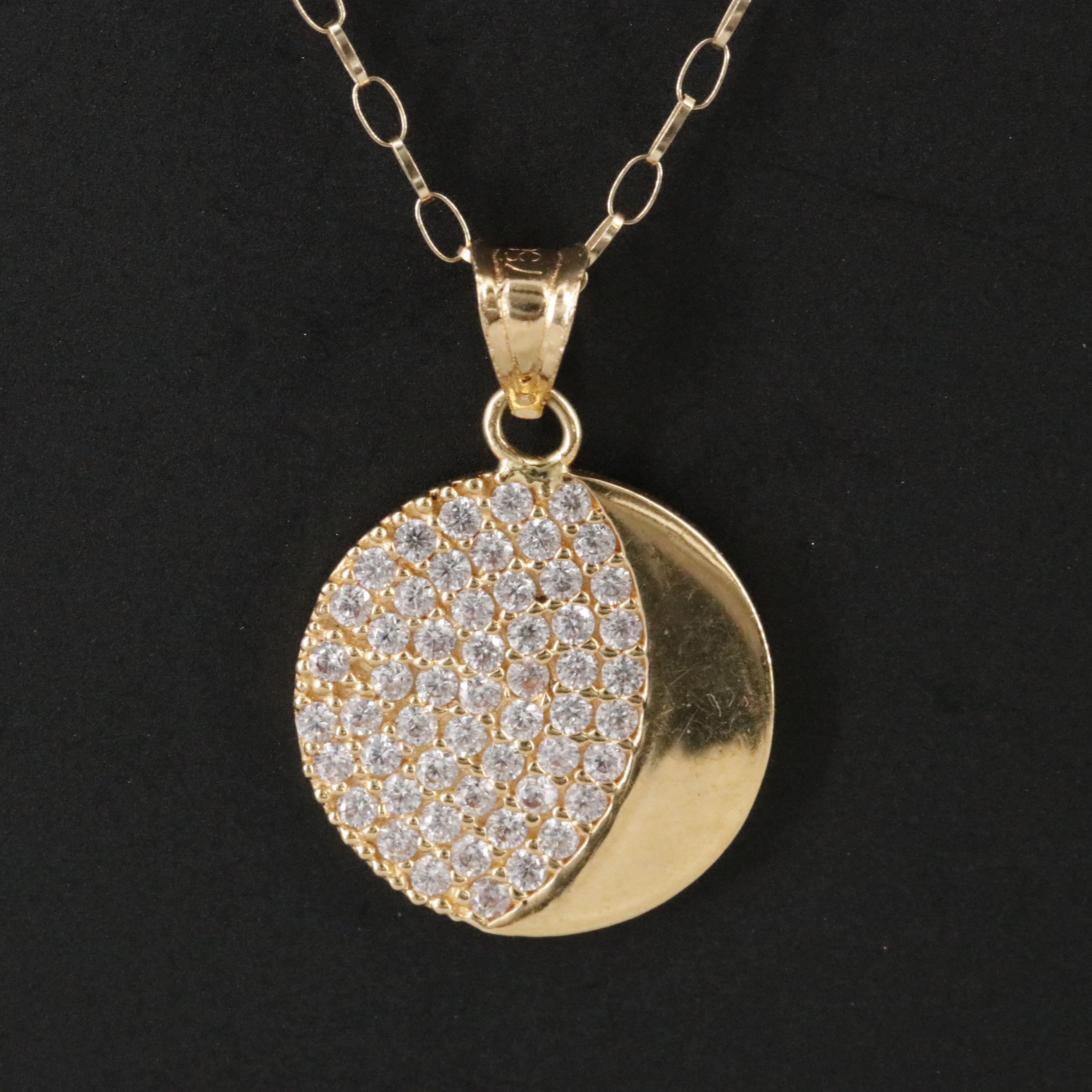 18K CZ Crescent Moon Phase on 9K Oval Link Necklace