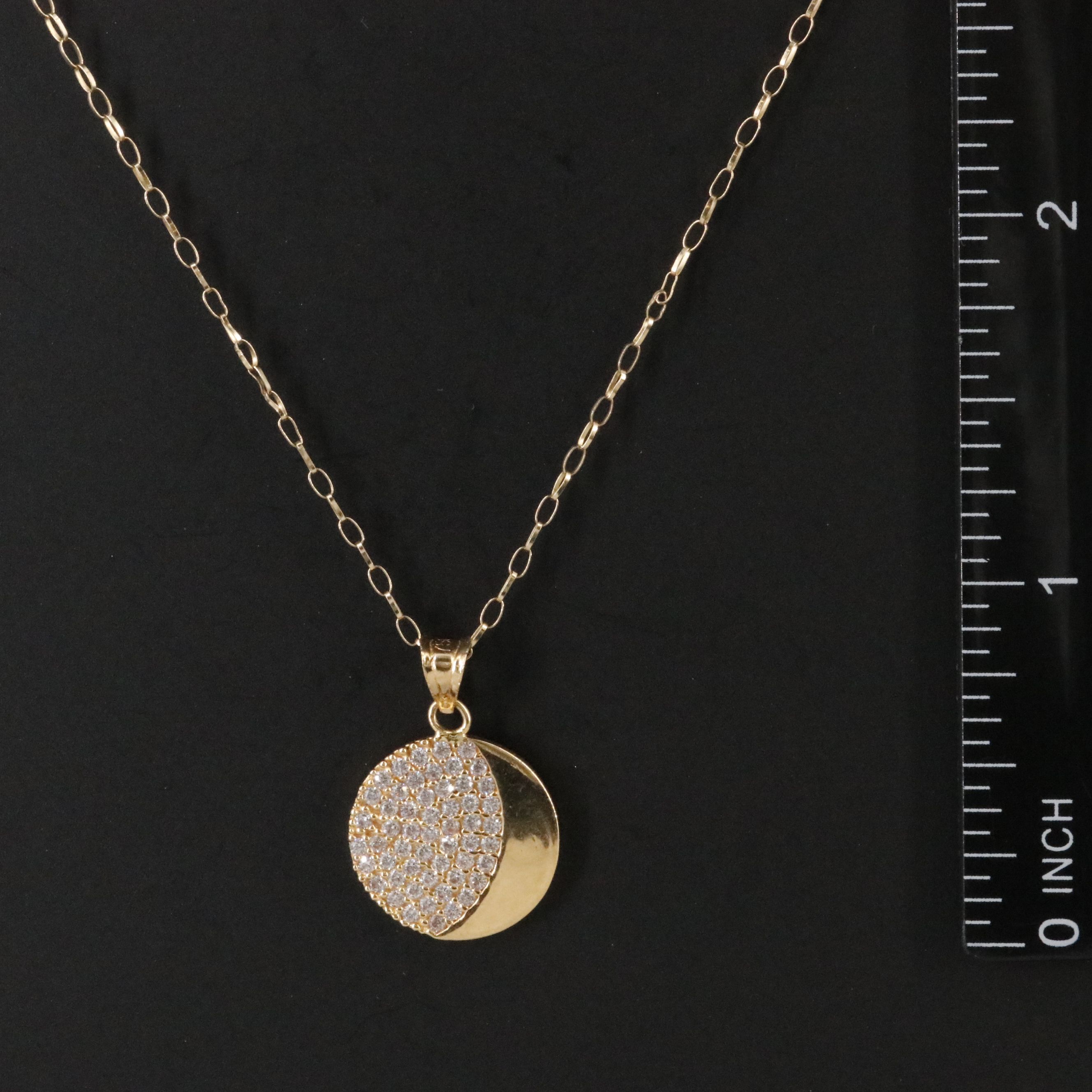 18K CZ Crescent Moon Phase on 9K Oval Link Necklace