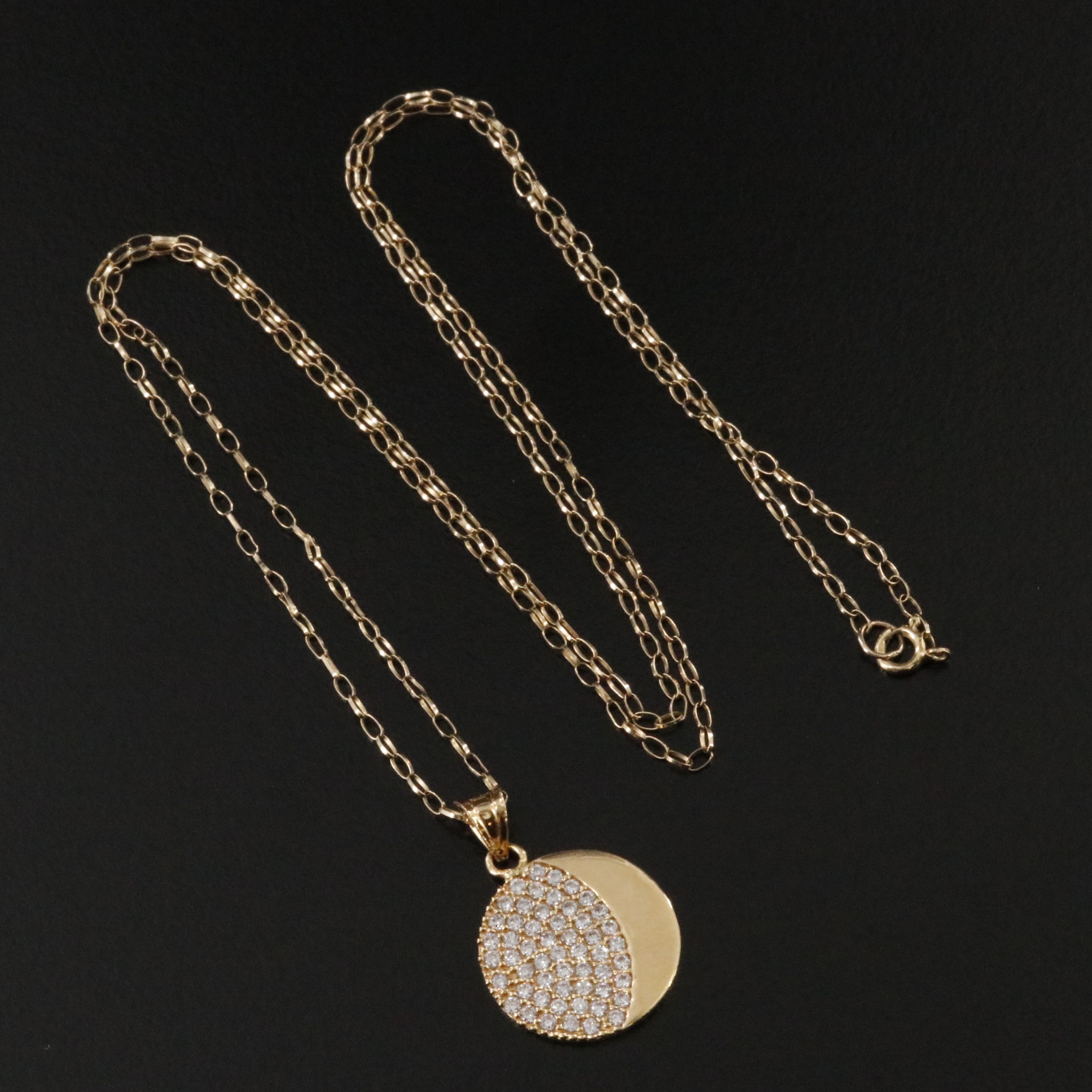 18K CZ Crescent Moon Phase on 9K Oval Link Necklace