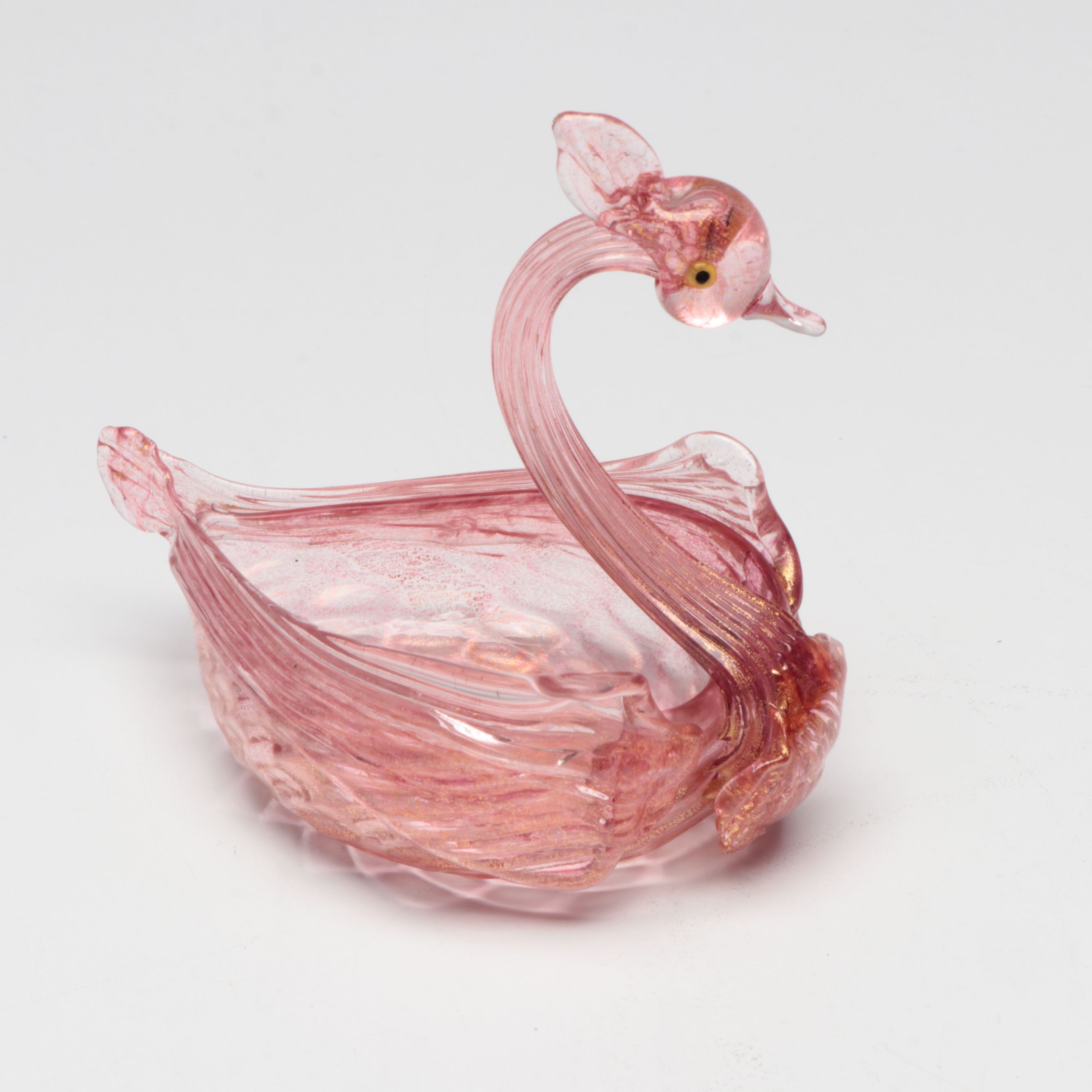 Murano Handblown with Gold Leaf Art Glass Swan Figurine Bowls, 20th Century