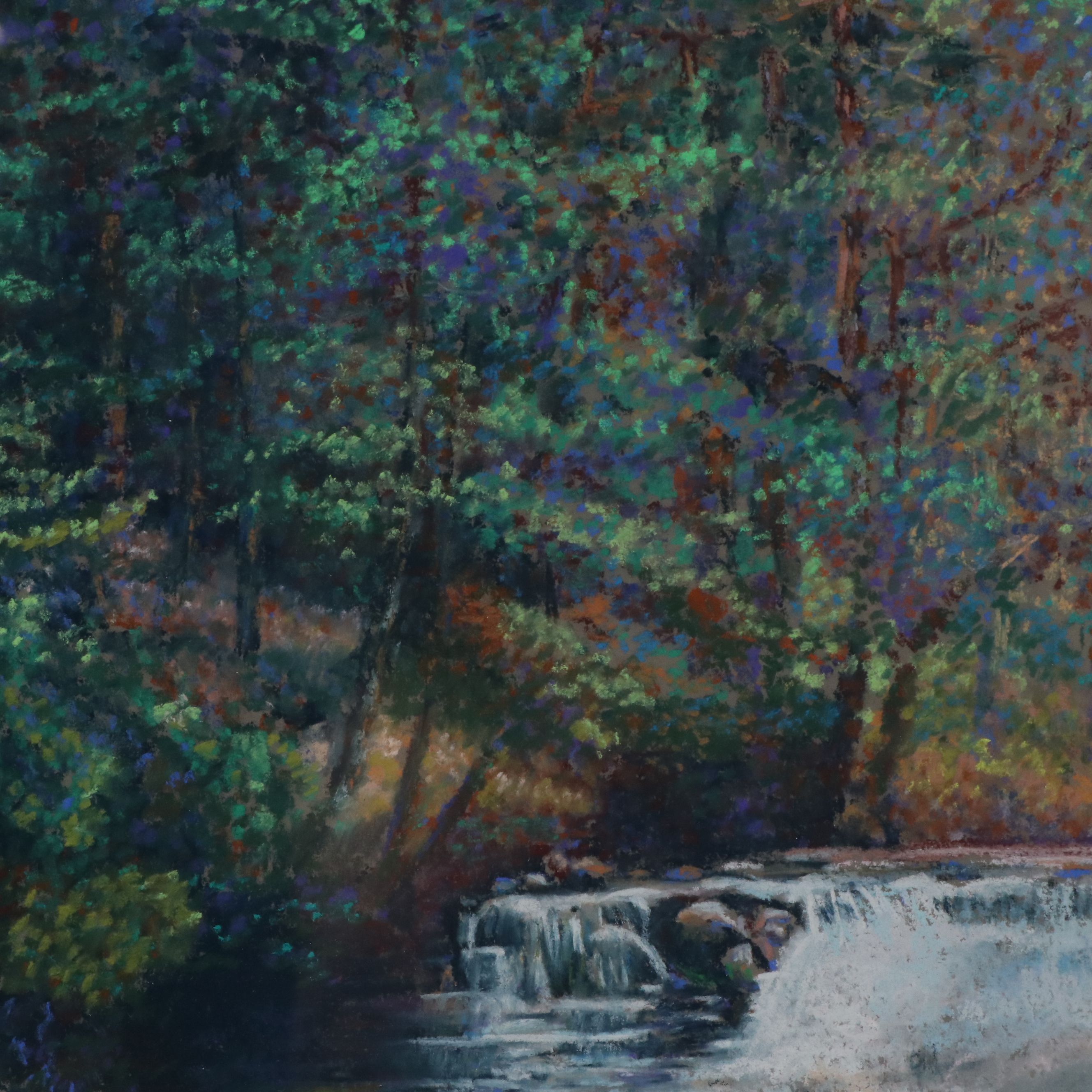 Attributed to Edward Steffek Landscape Oil Pastel Drawing of Waterfall, 1996