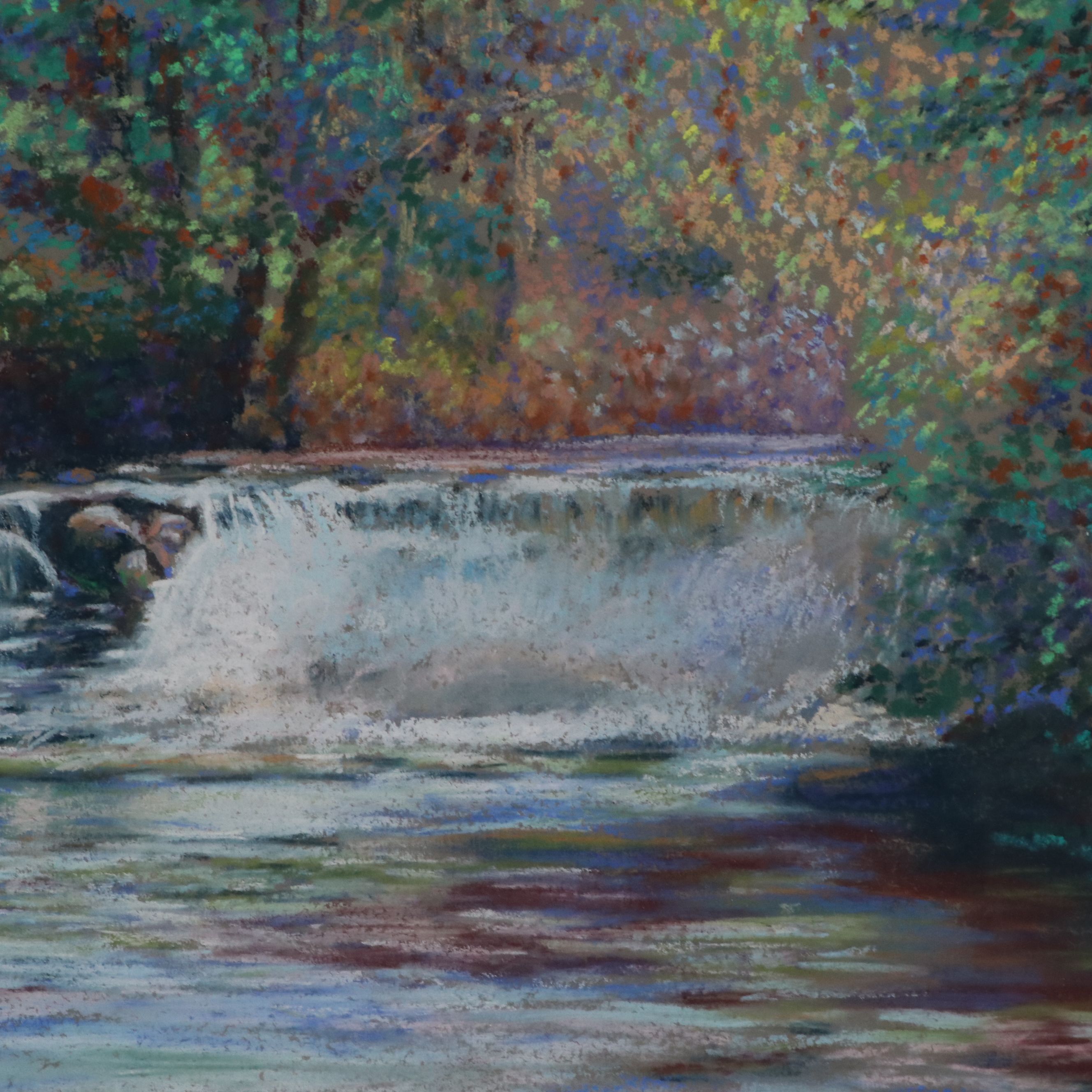 Attributed to Edward Steffek Landscape Oil Pastel Drawing of Waterfall, 1996