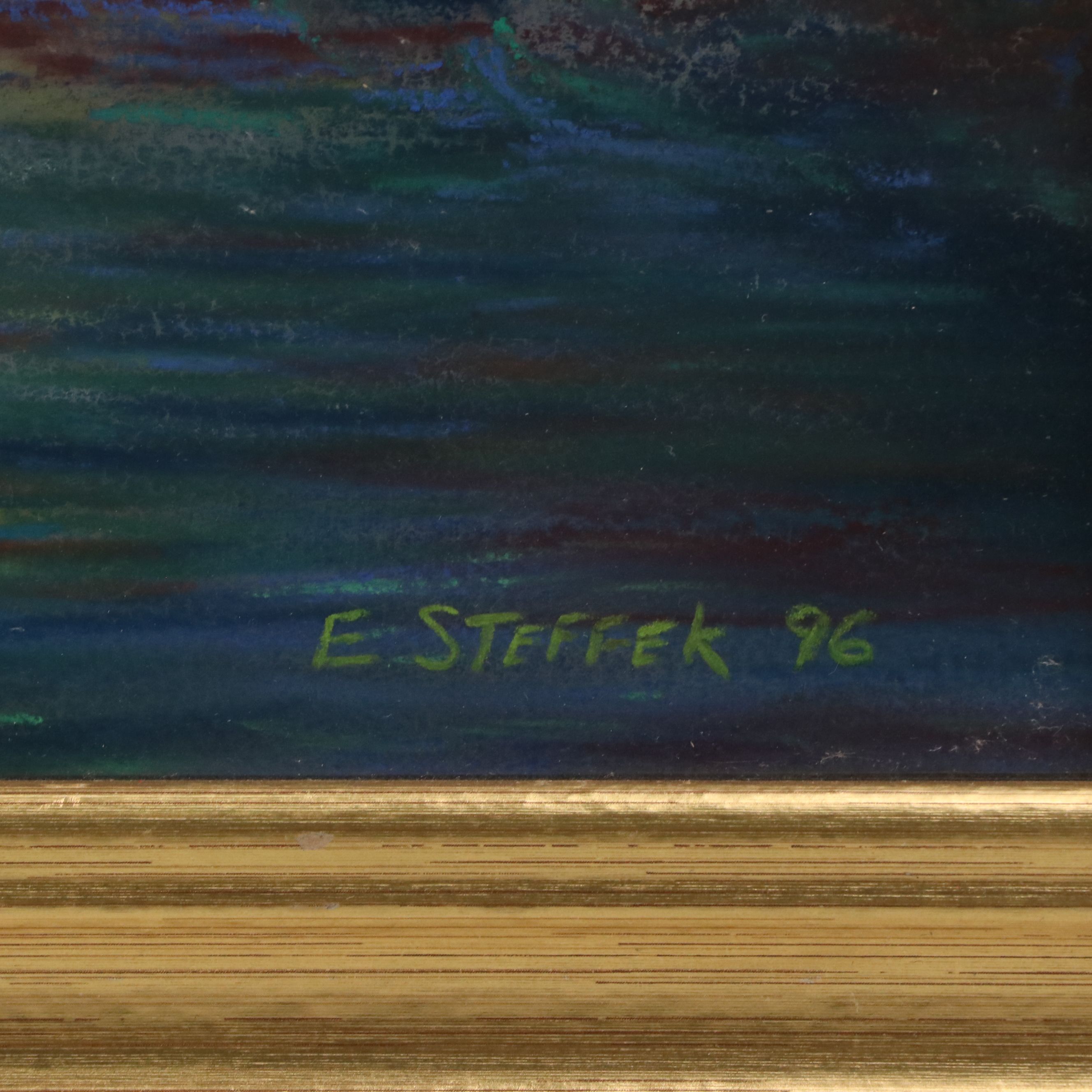 Attributed to Edward Steffek Landscape Oil Pastel Drawing of Waterfall, 1996