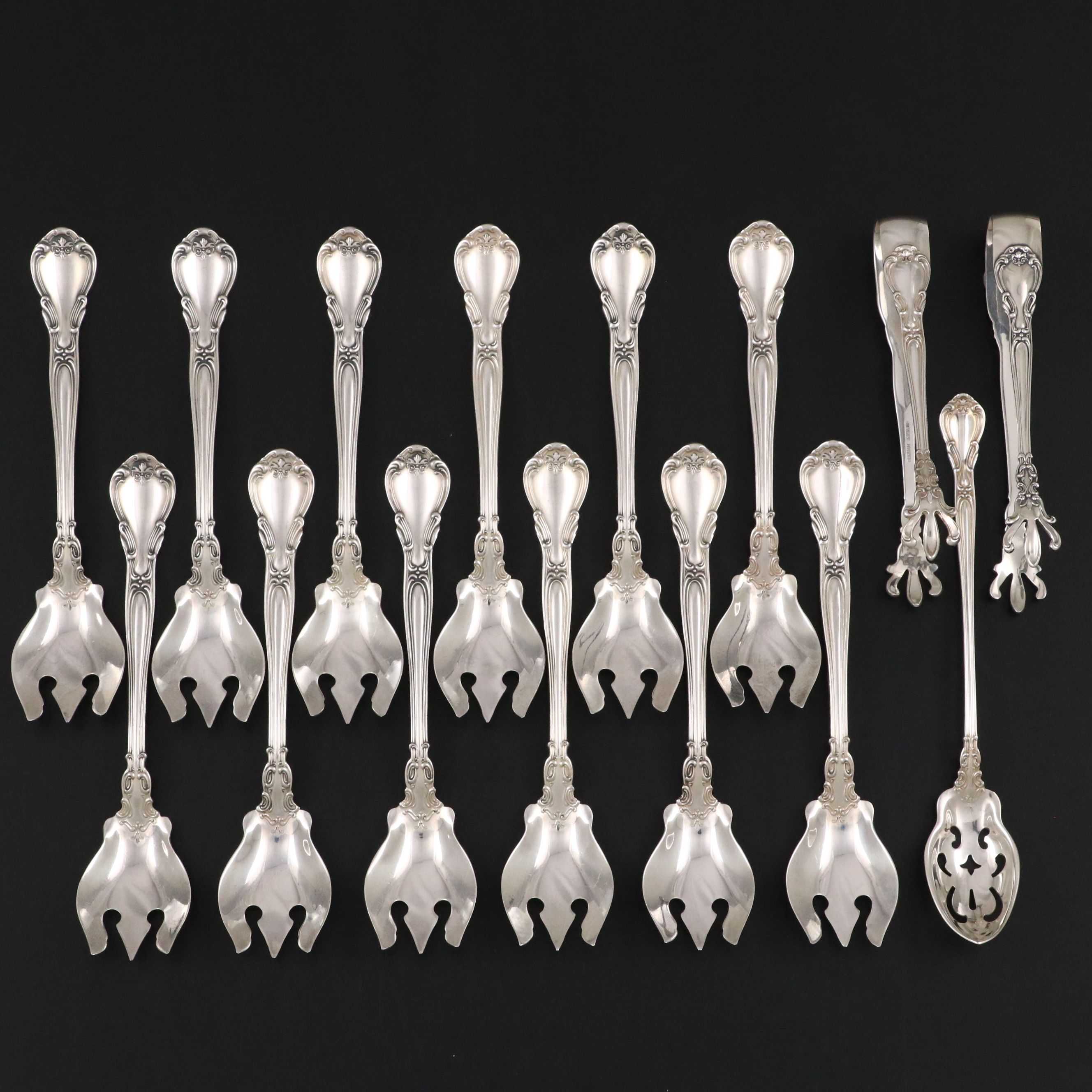 Gorham "Chantilly" Sterling Silver Ice Cream Spoons, Sugar Tongs and Olive Spoon