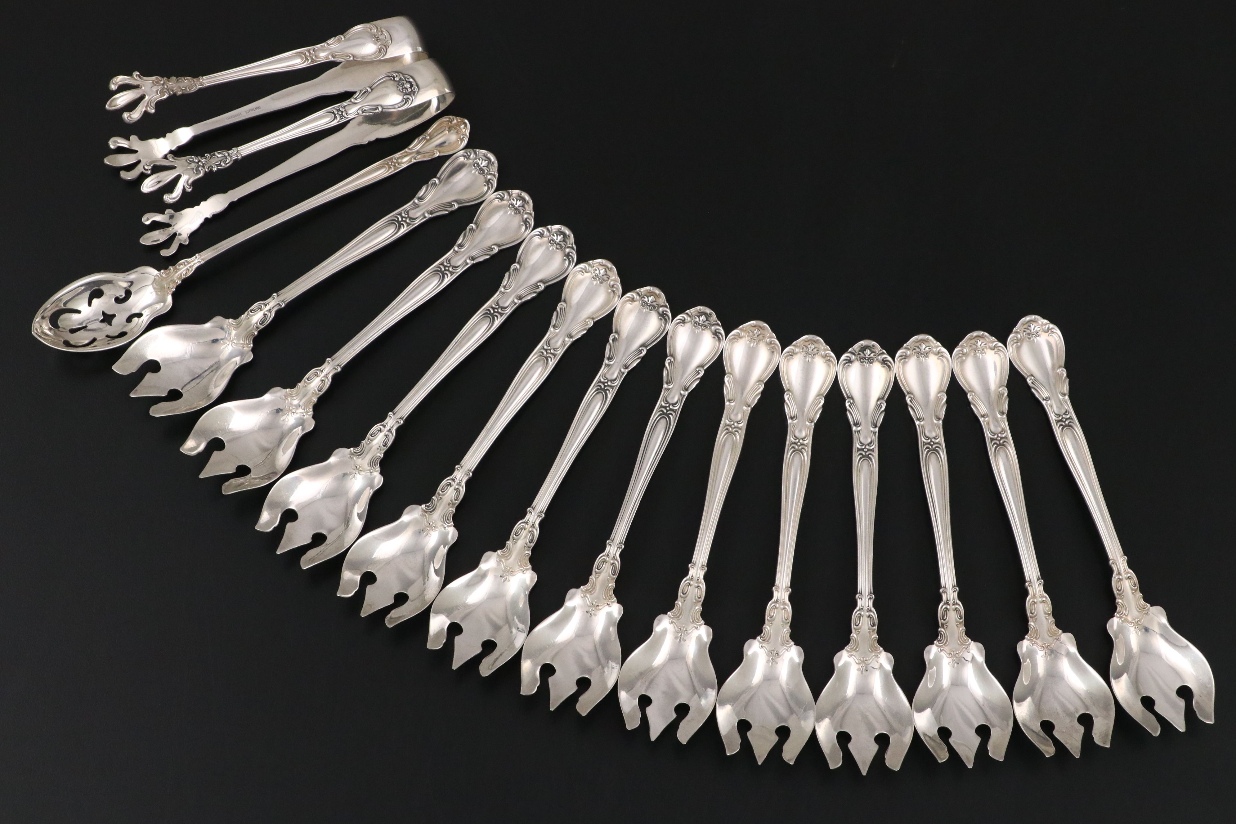 Gorham "Chantilly" Sterling Silver Ice Cream Spoons, Sugar Tongs and Olive Spoon