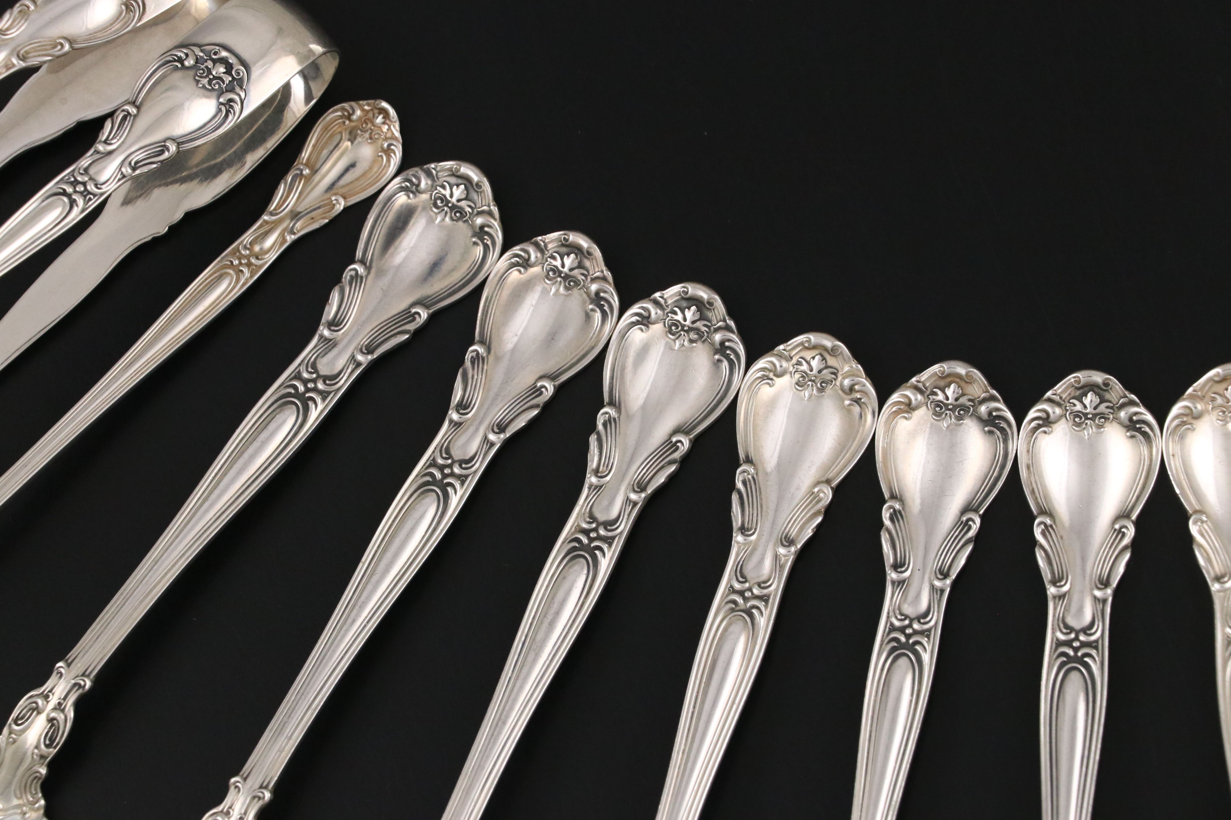 Gorham "Chantilly" Sterling Silver Ice Cream Spoons, Sugar Tongs and Olive Spoon