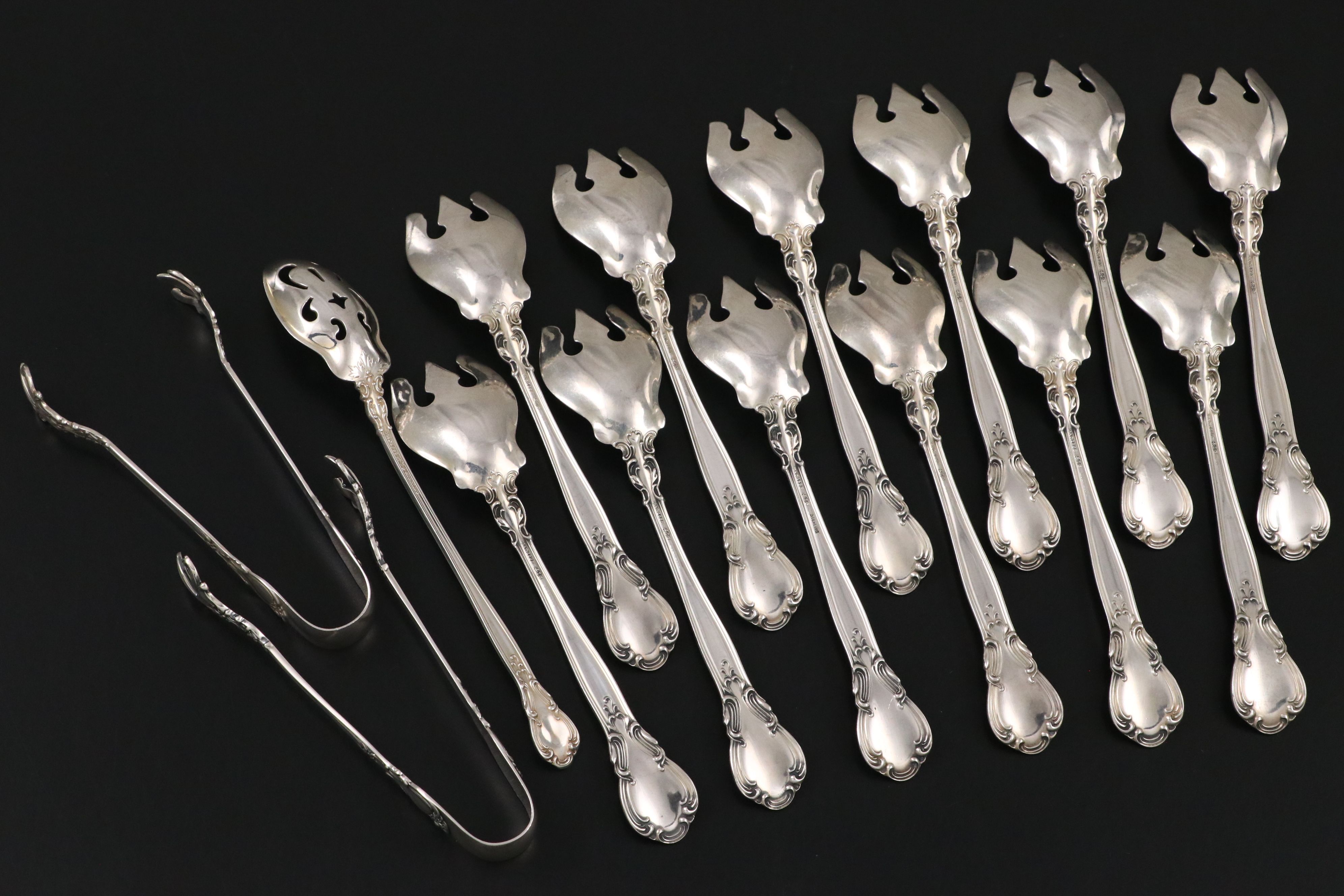 Gorham "Chantilly" Sterling Silver Ice Cream Spoons, Sugar Tongs and Olive Spoon