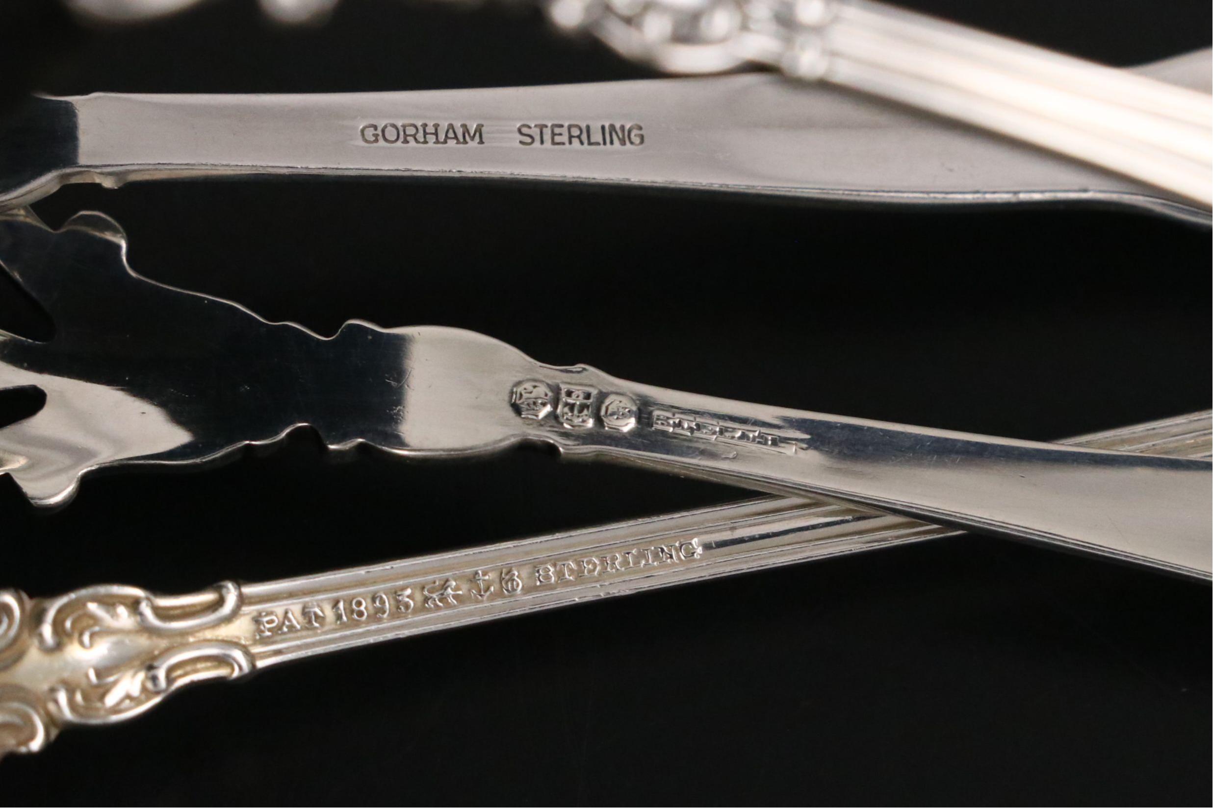 Gorham "Chantilly" Sterling Silver Ice Cream Spoons, Sugar Tongs and Olive Spoon