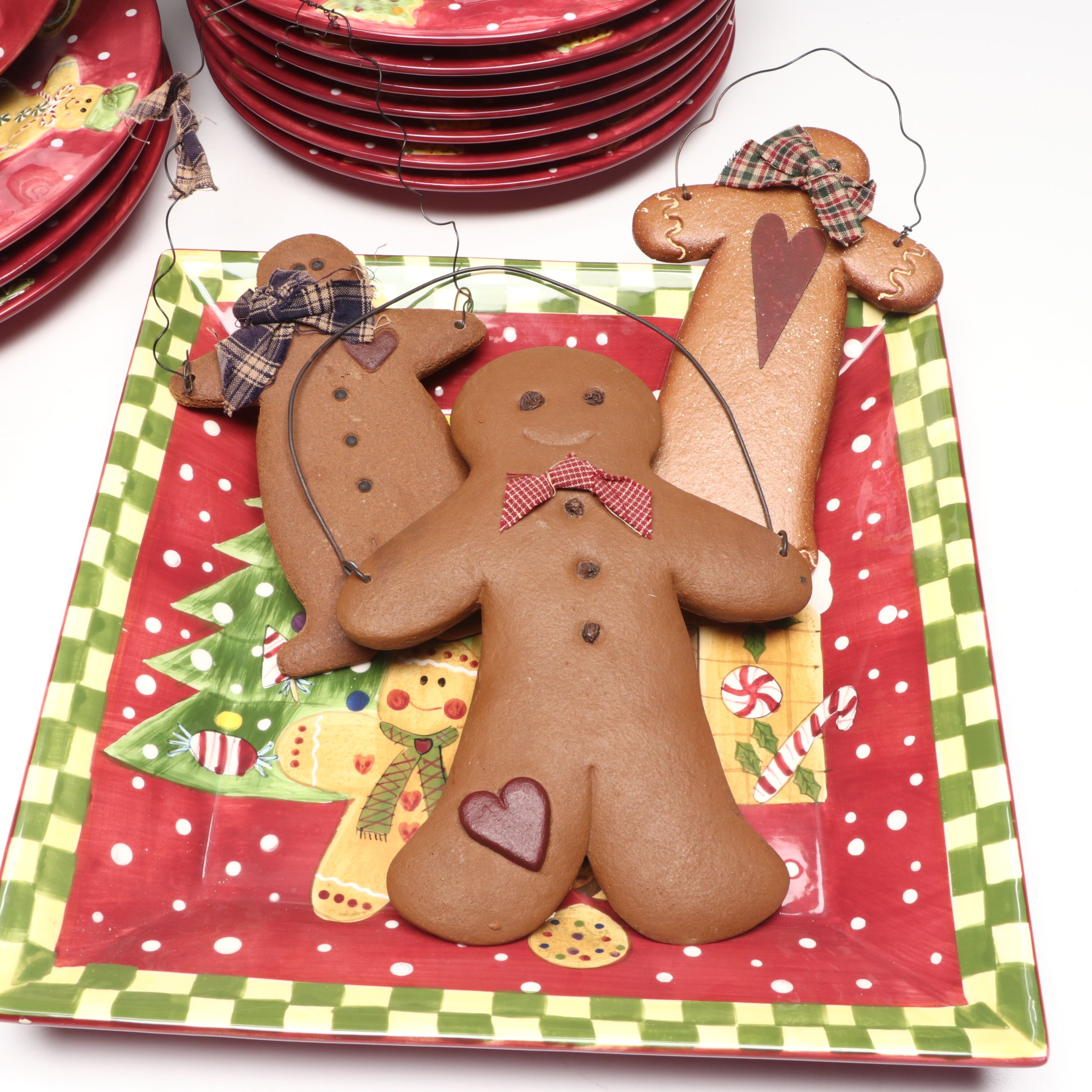 Laurie Gates "Christmas Treats" Dinnerware with Rustic Gingerbread Wall Hangings