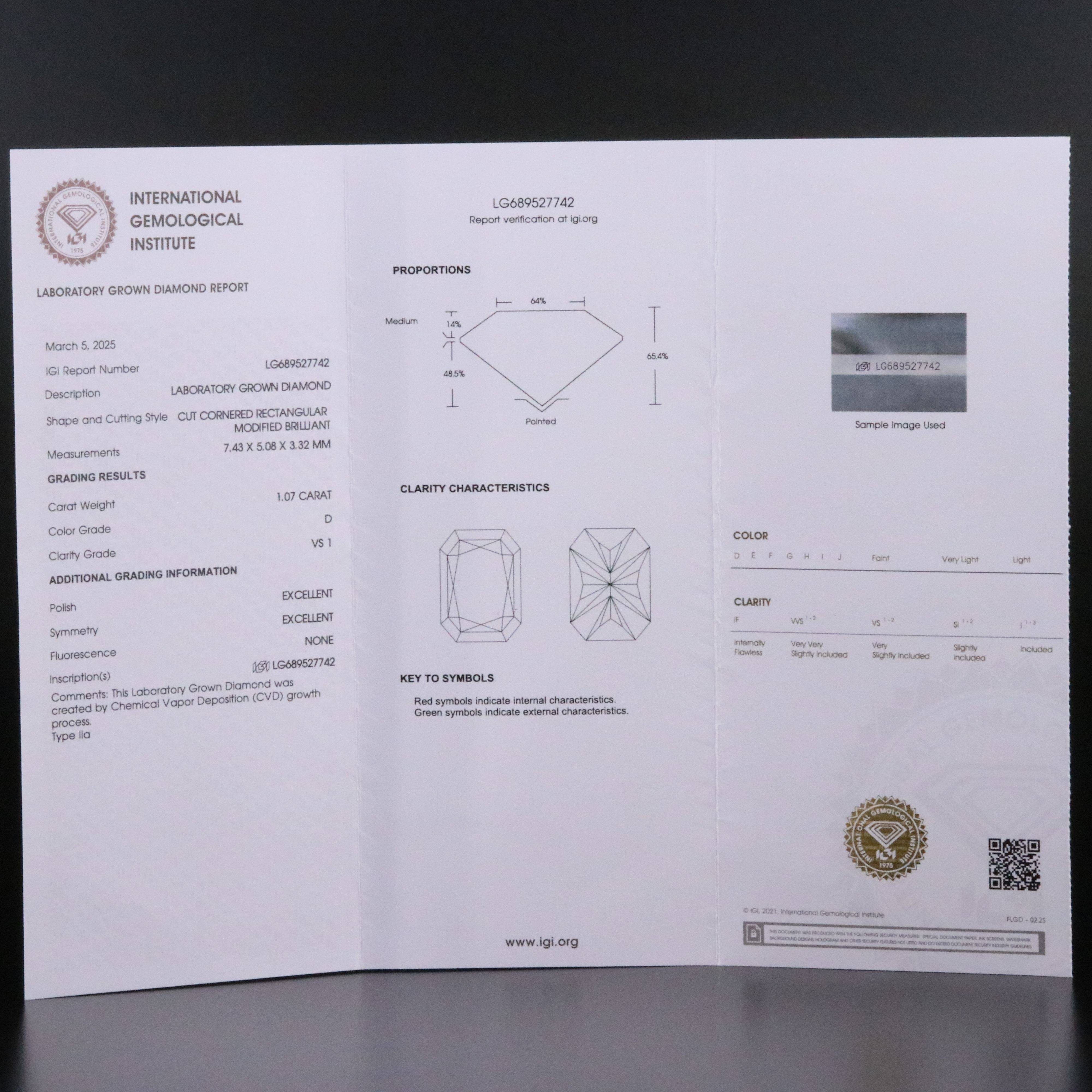 Loose 1.07 CT Lab Grown Diamond with IGI Report