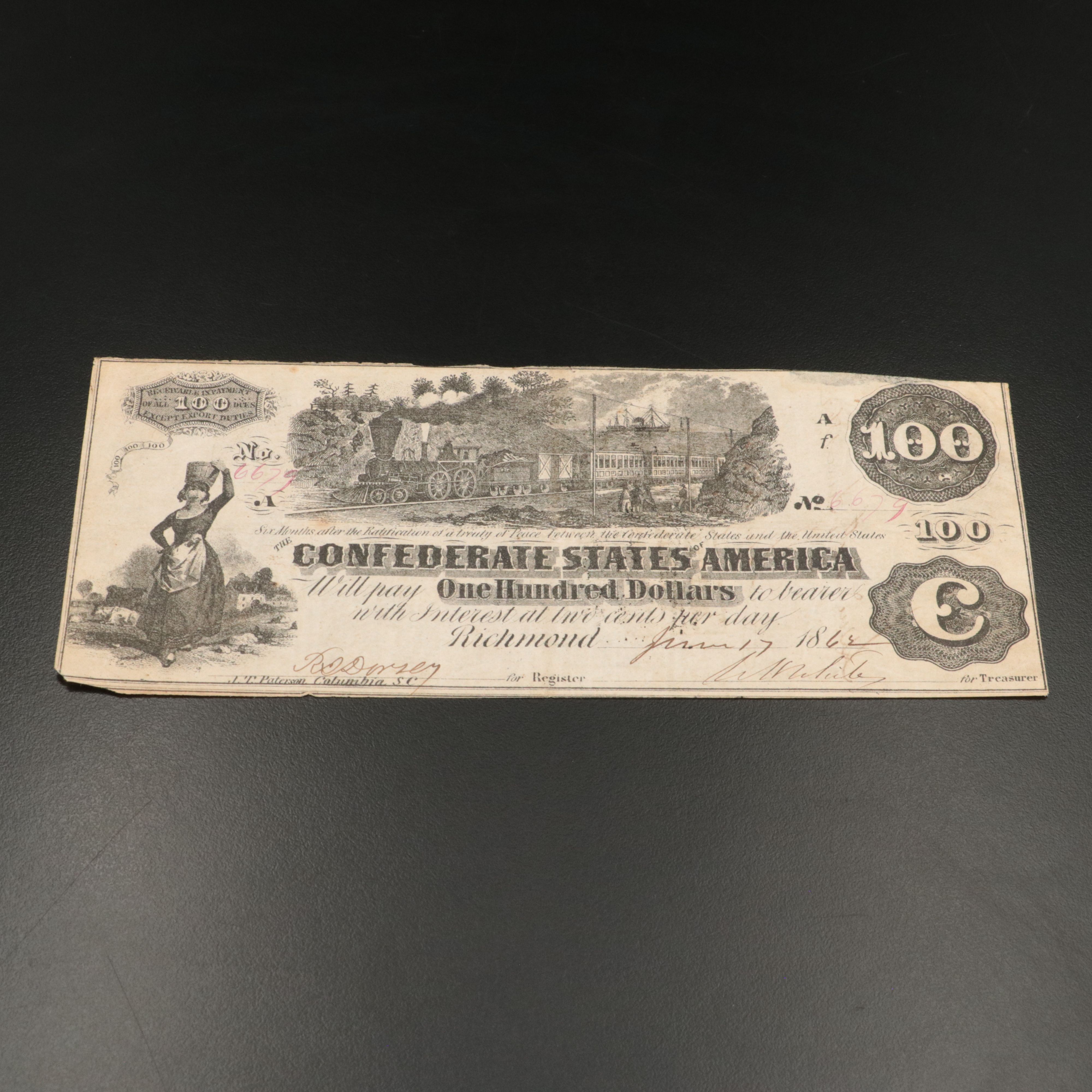 1862 $100 Confederate States of America Obsolete Currency Note