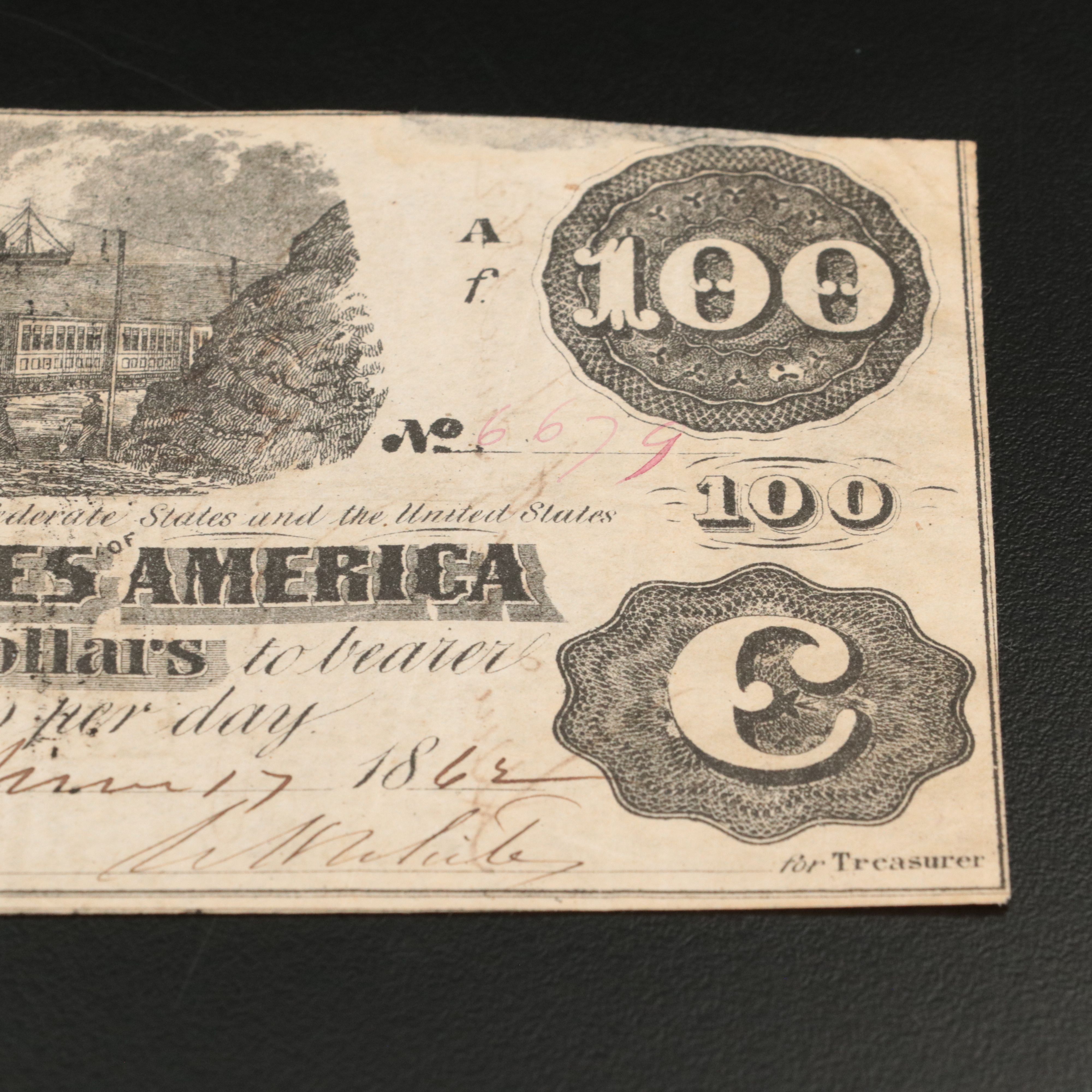 1862 $100 Confederate States of America Obsolete Currency Note