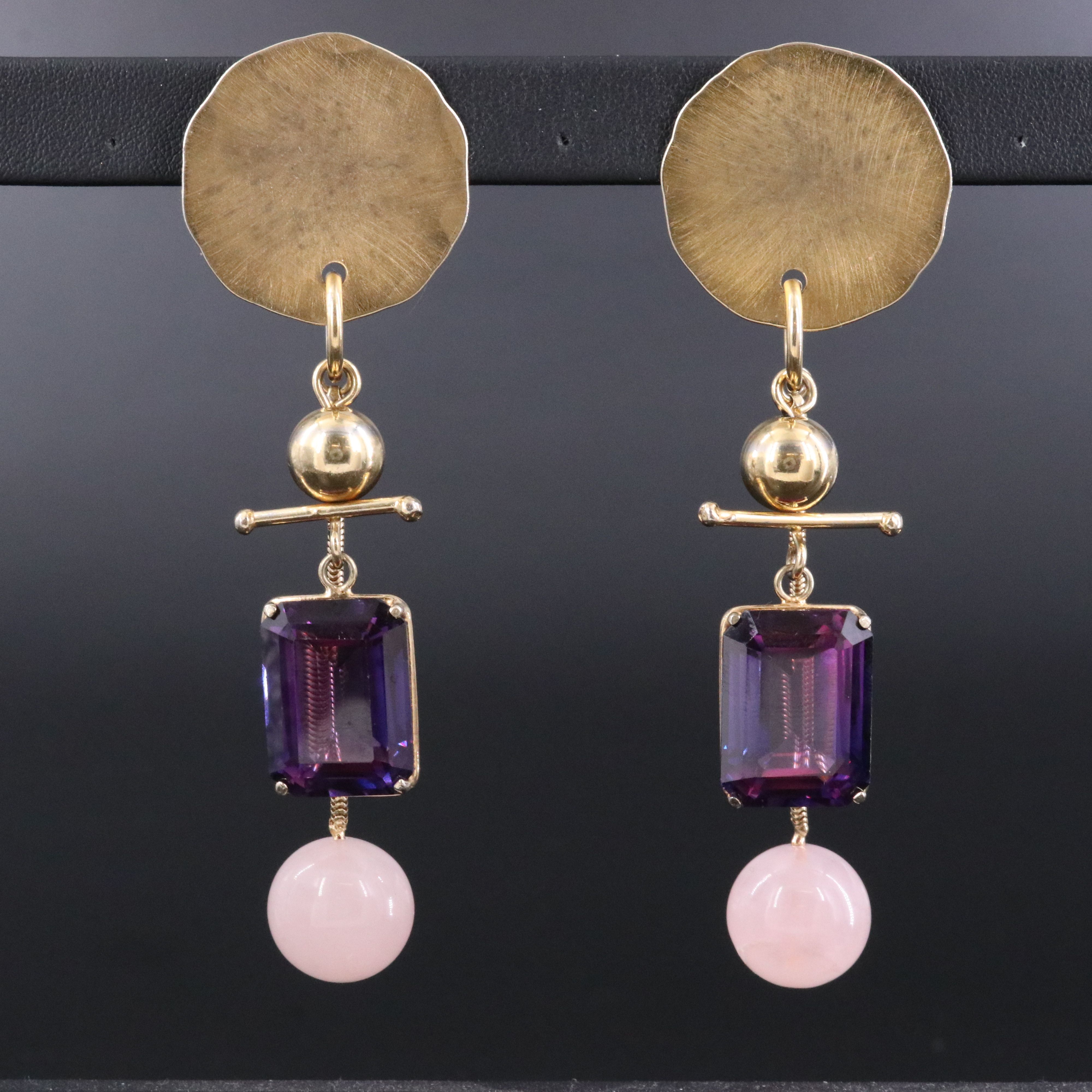 Roz Balkin Sterling Hammered Disc Drop Earrings with Rose Quartz and Sapphire