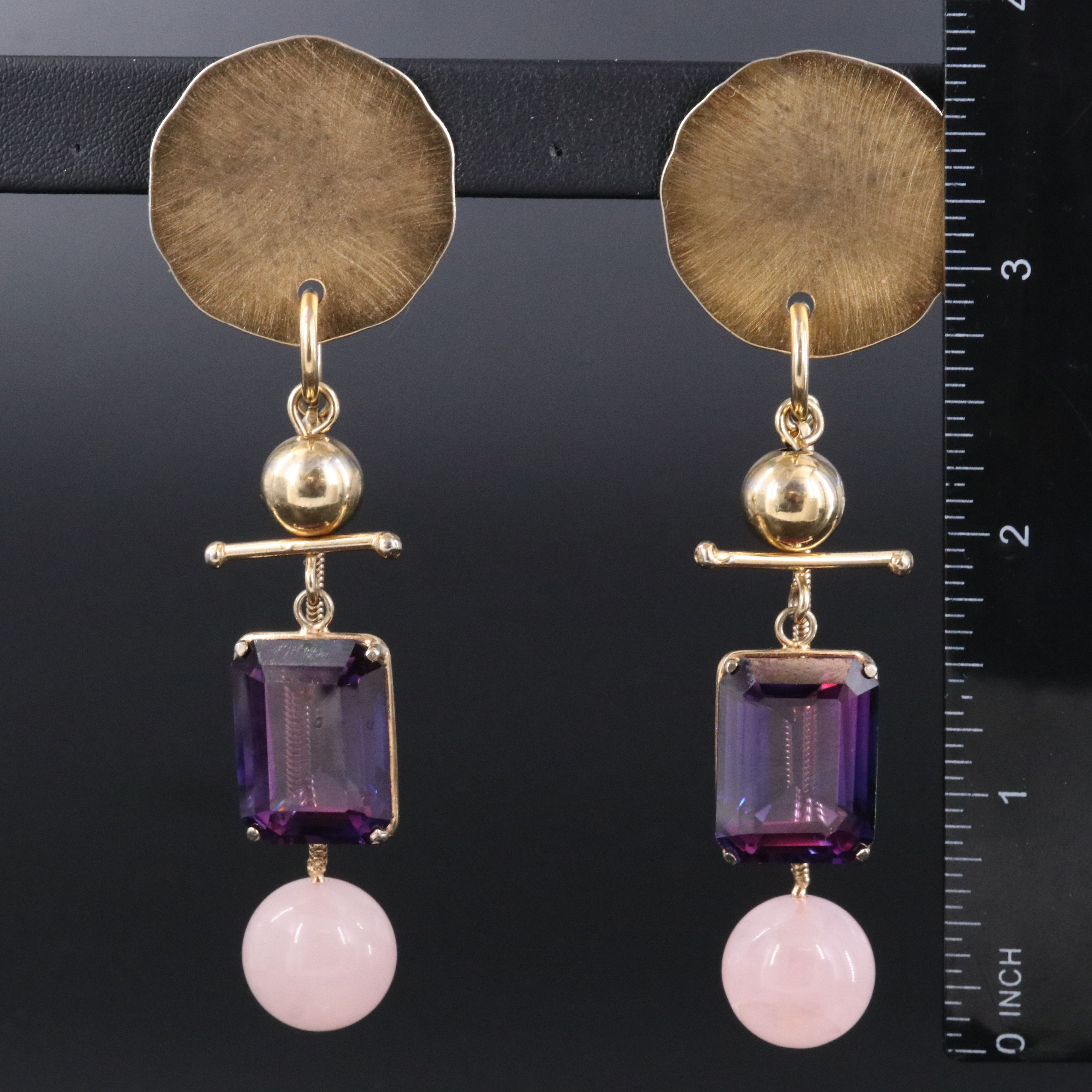 Roz Balkin Sterling Hammered Disc Drop Earrings with Rose Quartz and Sapphire
