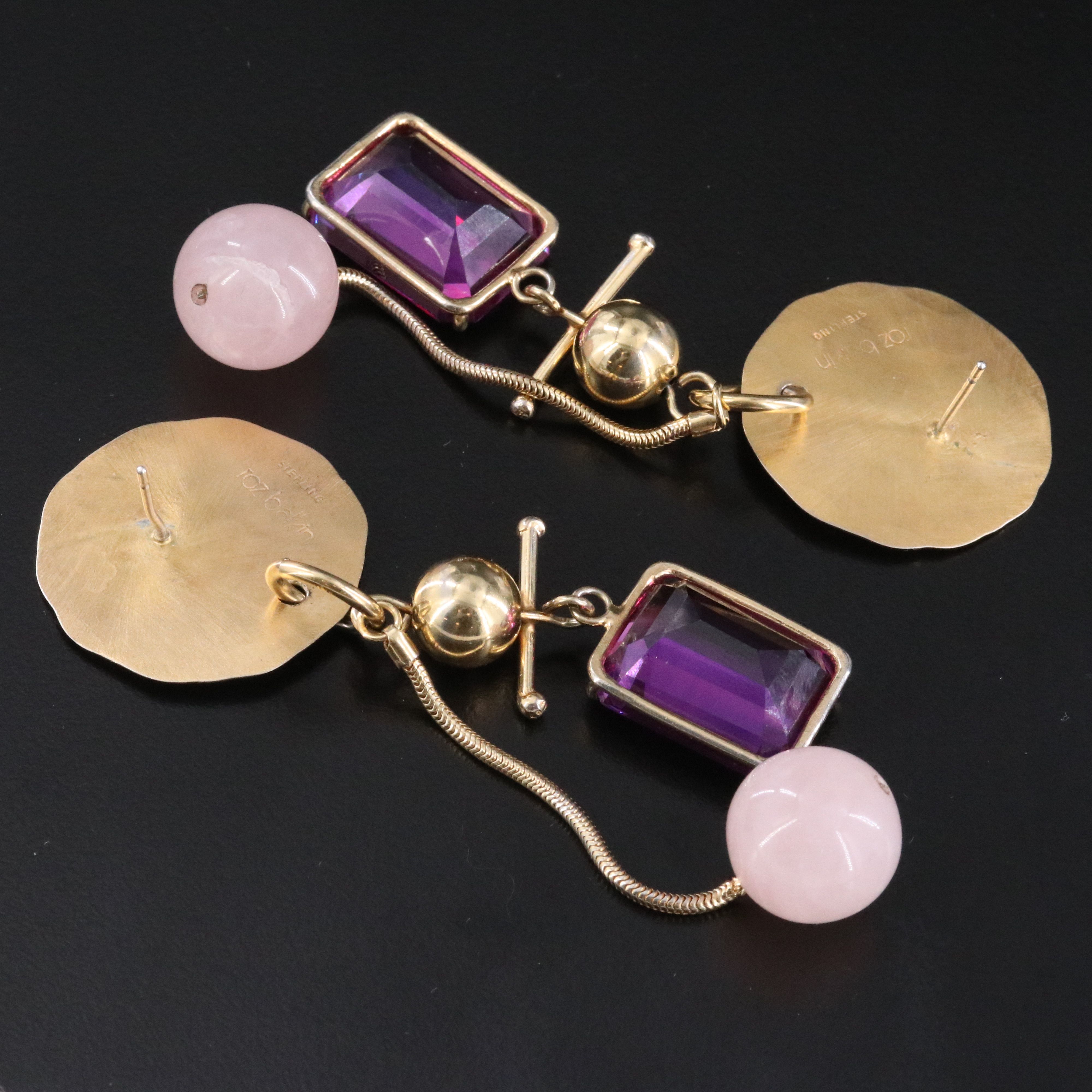 Roz Balkin Sterling Hammered Disc Drop Earrings with Rose Quartz and Sapphire