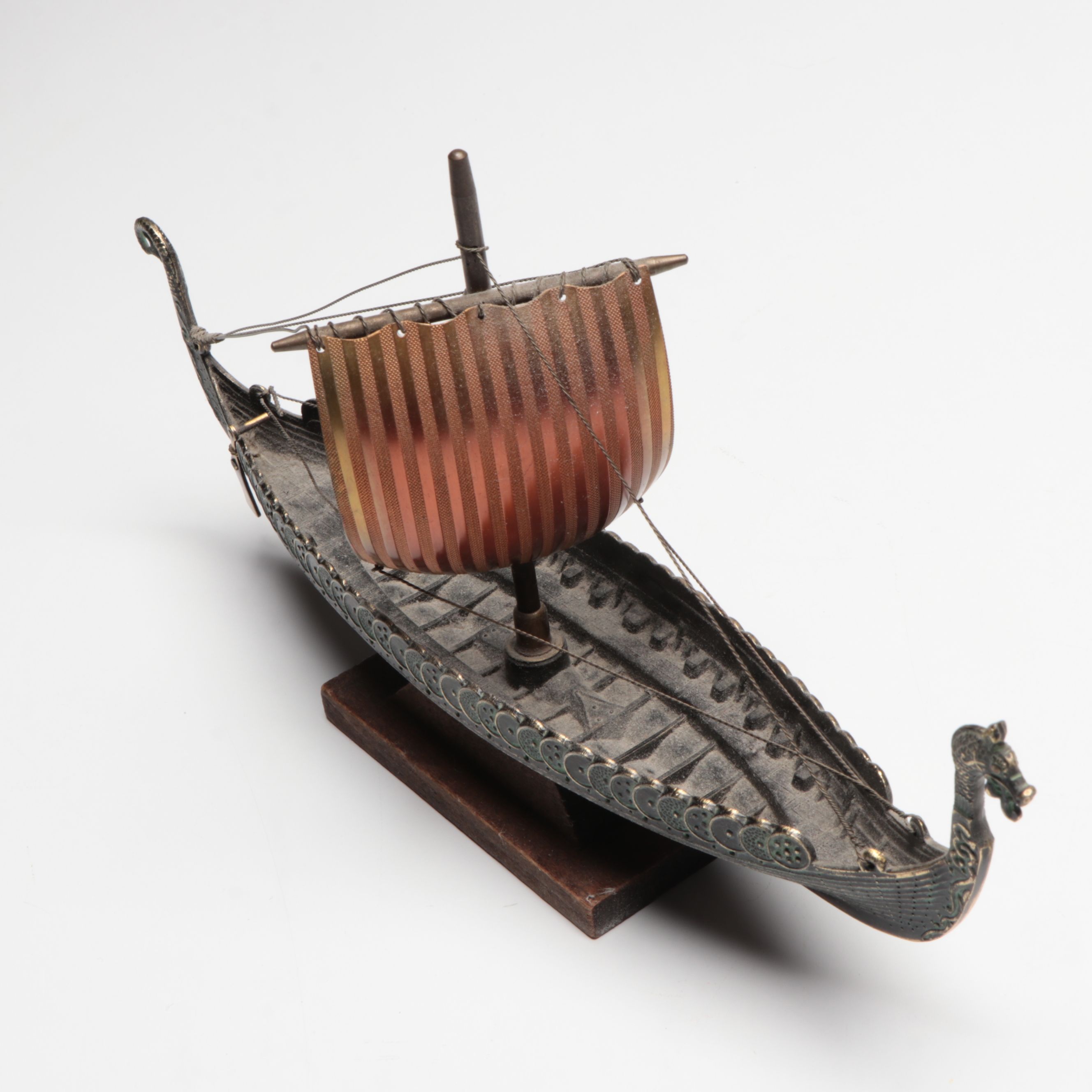Handcrafted Wood Schooner Sailboat and Metal Viking Boats