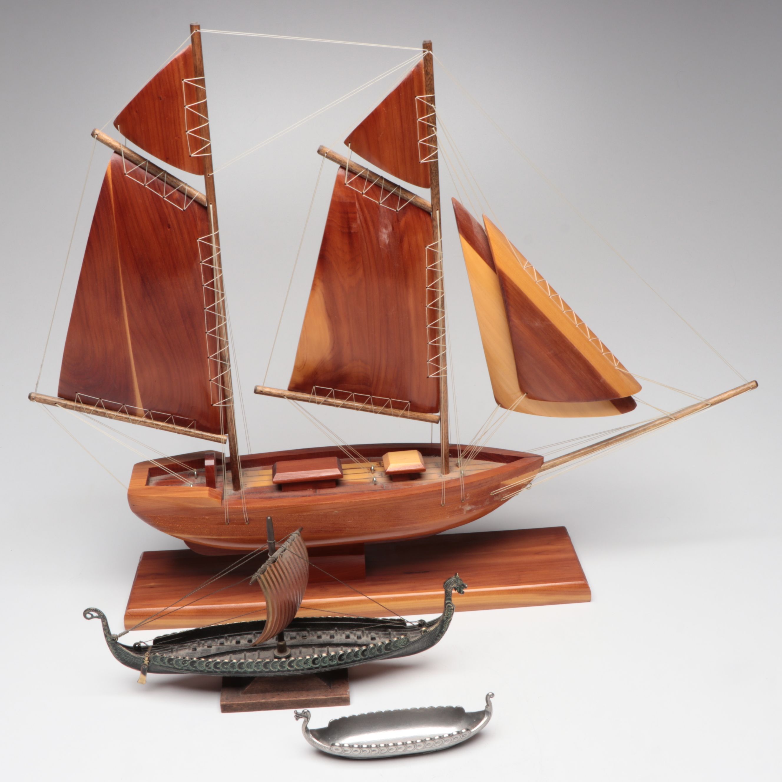 Handcrafted Wood Schooner Sailboat and Metal Viking Boats